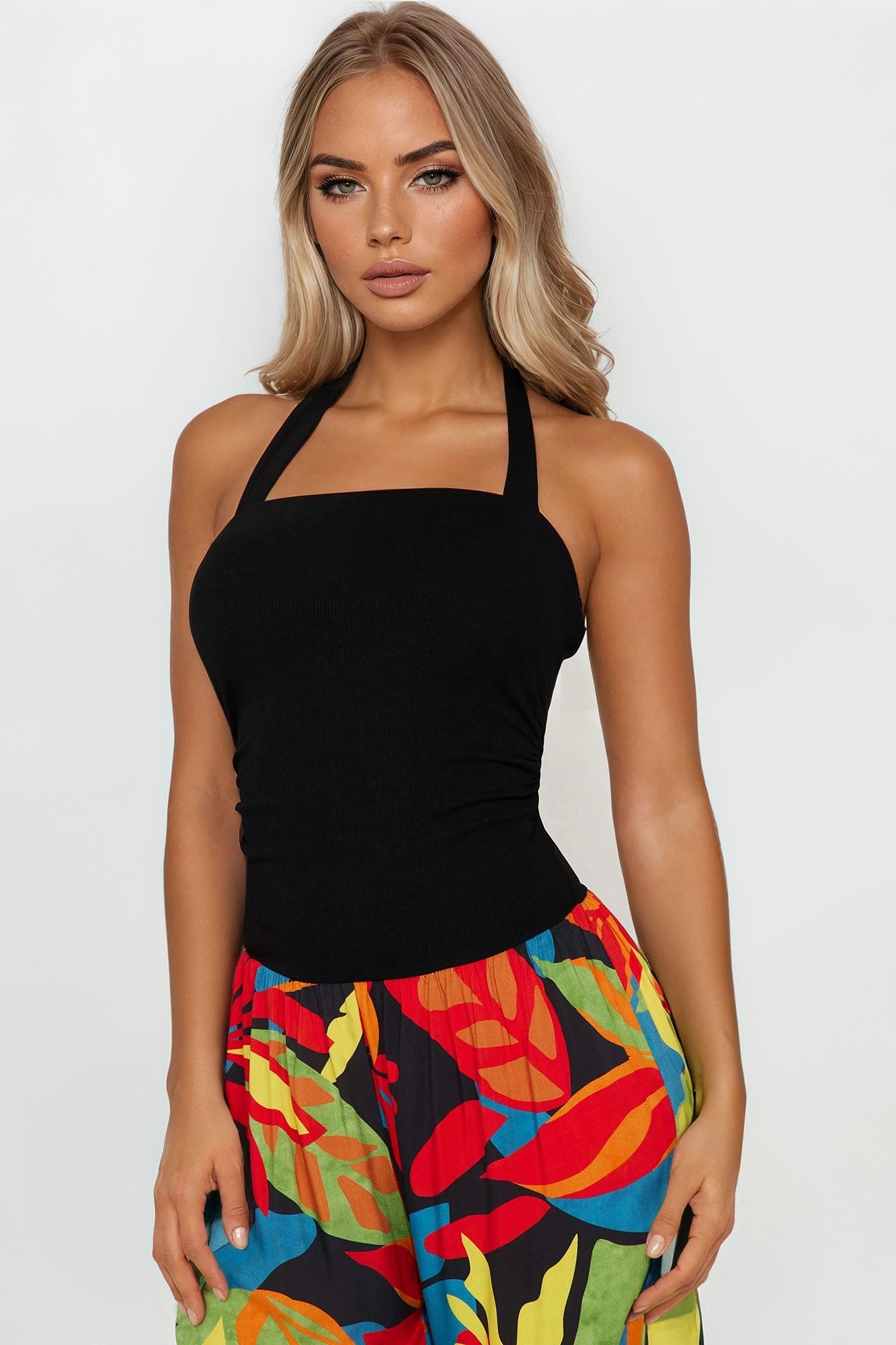 Maeve Tropical Halter Jumpsuit - Black/combo