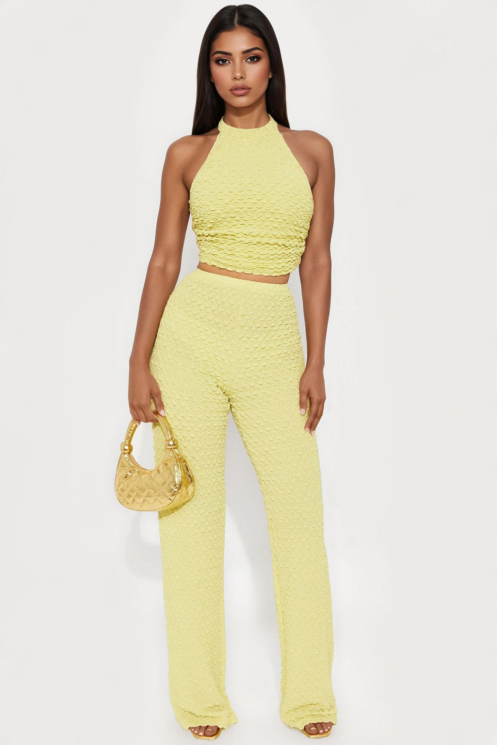 Alana Textured Halter Pant Set - Chartreuse