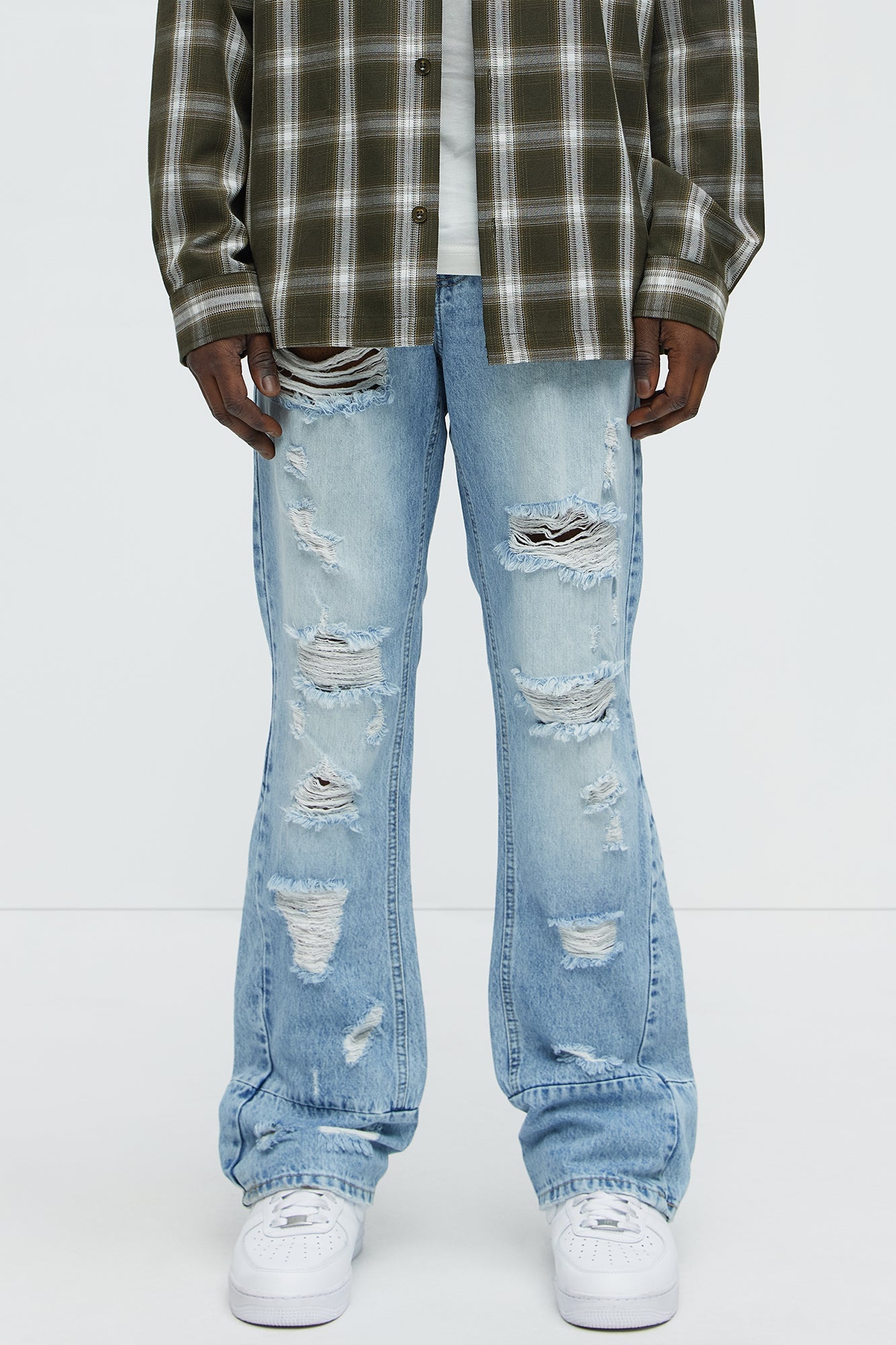 Might Go Ripped Stacked Slim Flare Jeans - Light Wash