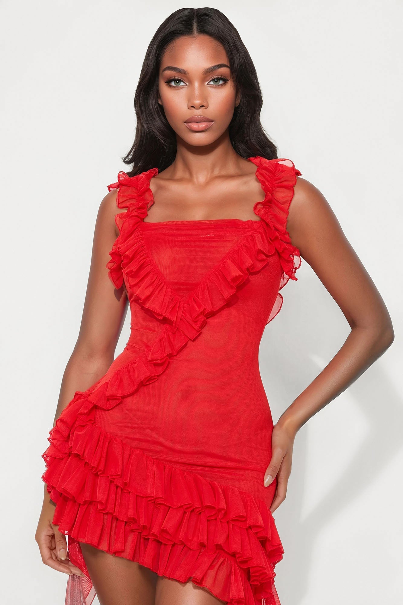 Gabrielle Ruffled Mini Dress - Red