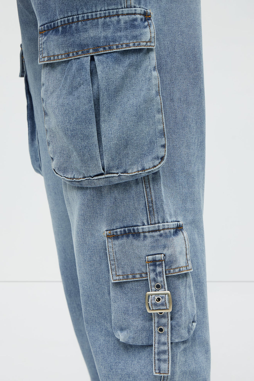 These Streets Cargo Buckle Straps Baggy Jeans - Light Wash