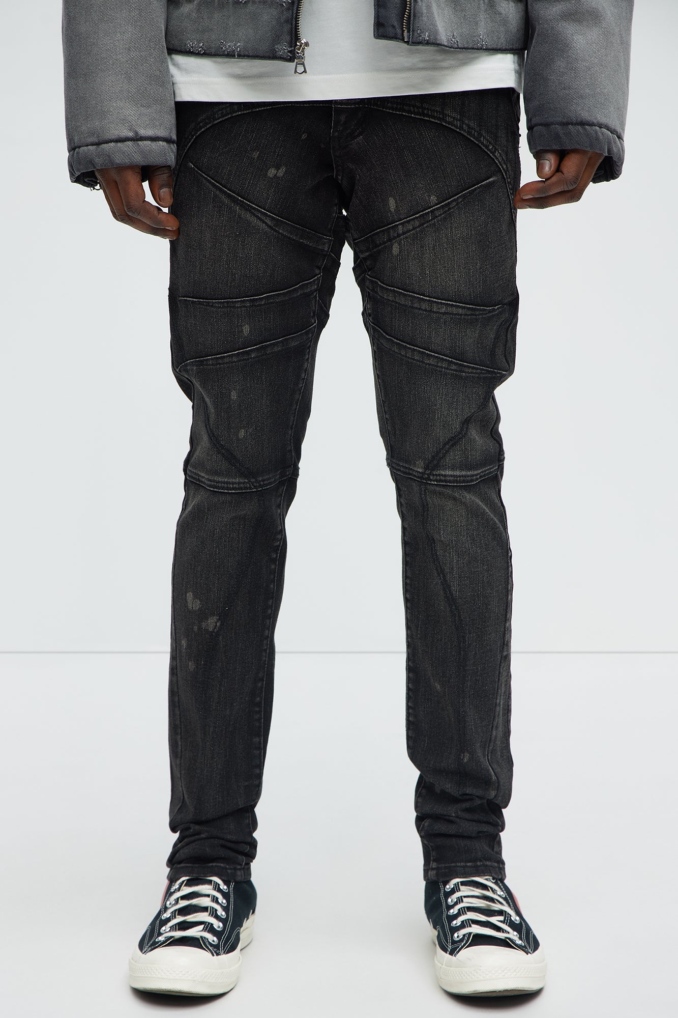 Skinny Ramped Up Panel Bleach Spot Jeans - Black Wash