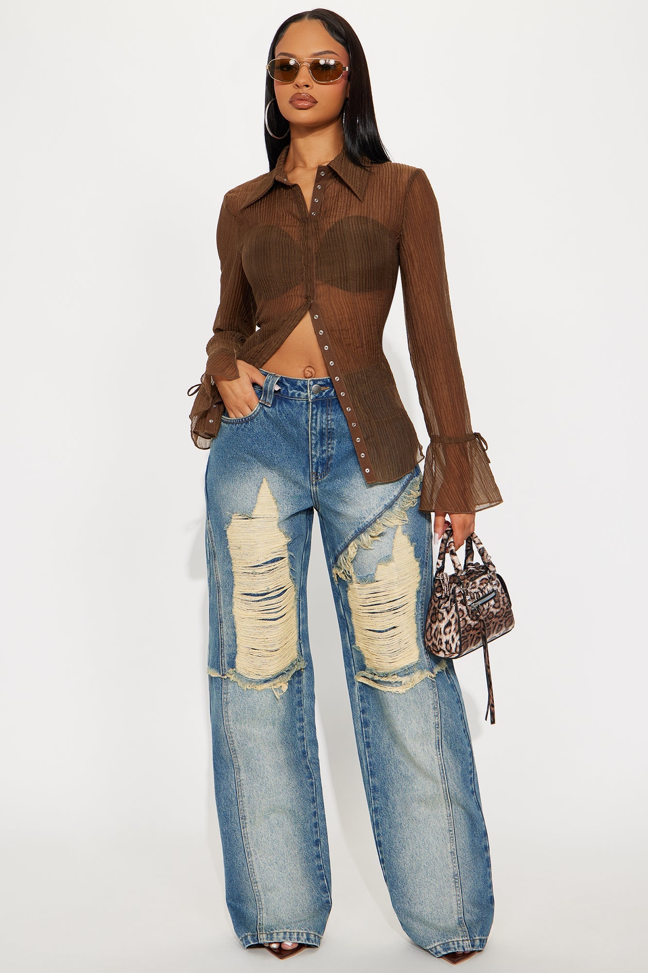 Work For It Ripped Wide Leg Jeans - Medium Wash