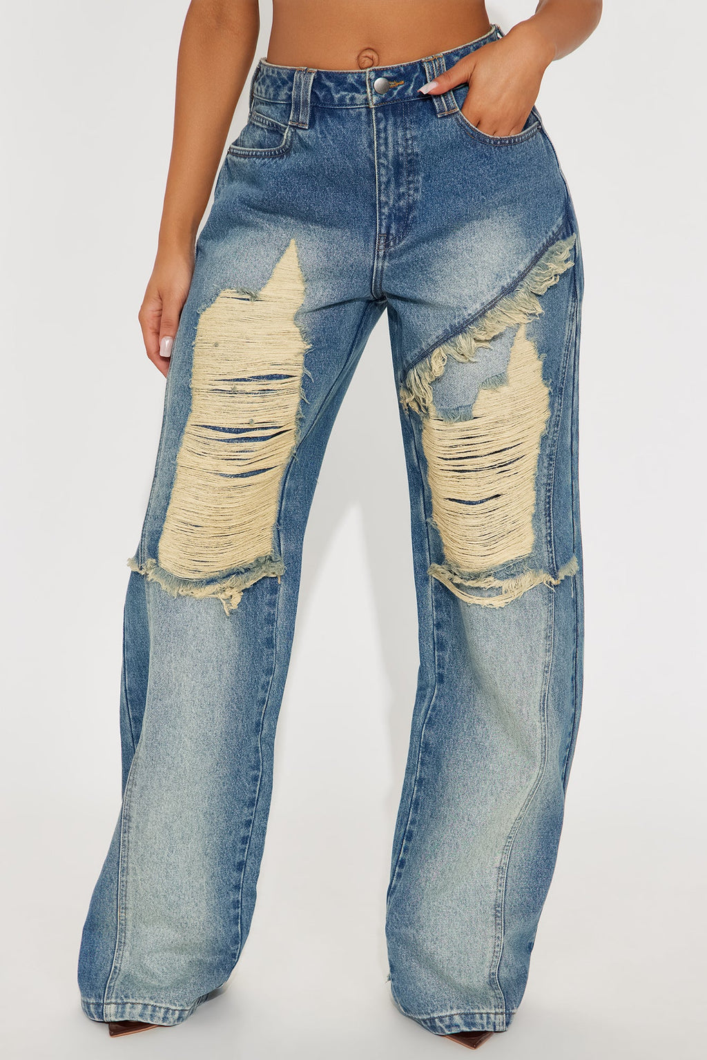 Work For It Ripped Wide Leg Jeans - Medium Wash