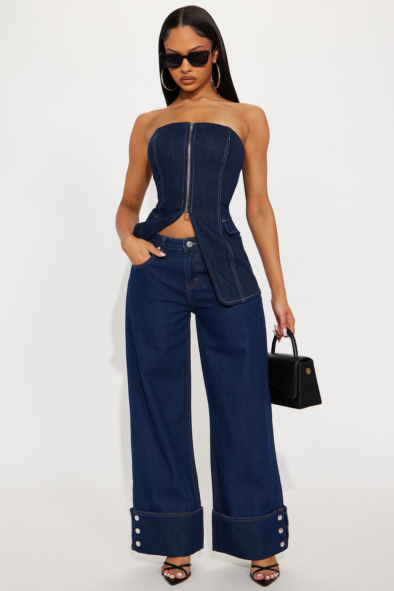 Rhythmically Cuffed Wide Leg Jeans - Dark Wash
