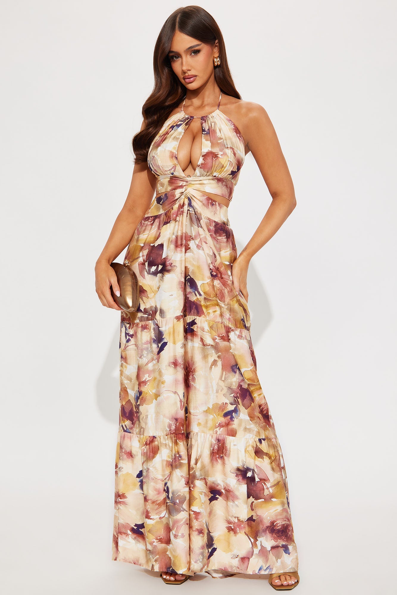 Priscilla Cut Out Halter Jumpsuit - Brown/combo