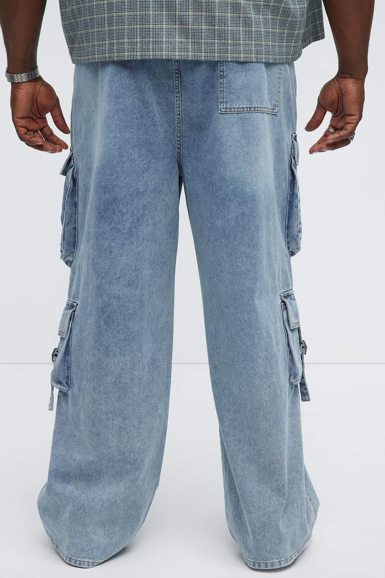These Streets Cargo Buckle Straps Baggy Jeans - Light Wash