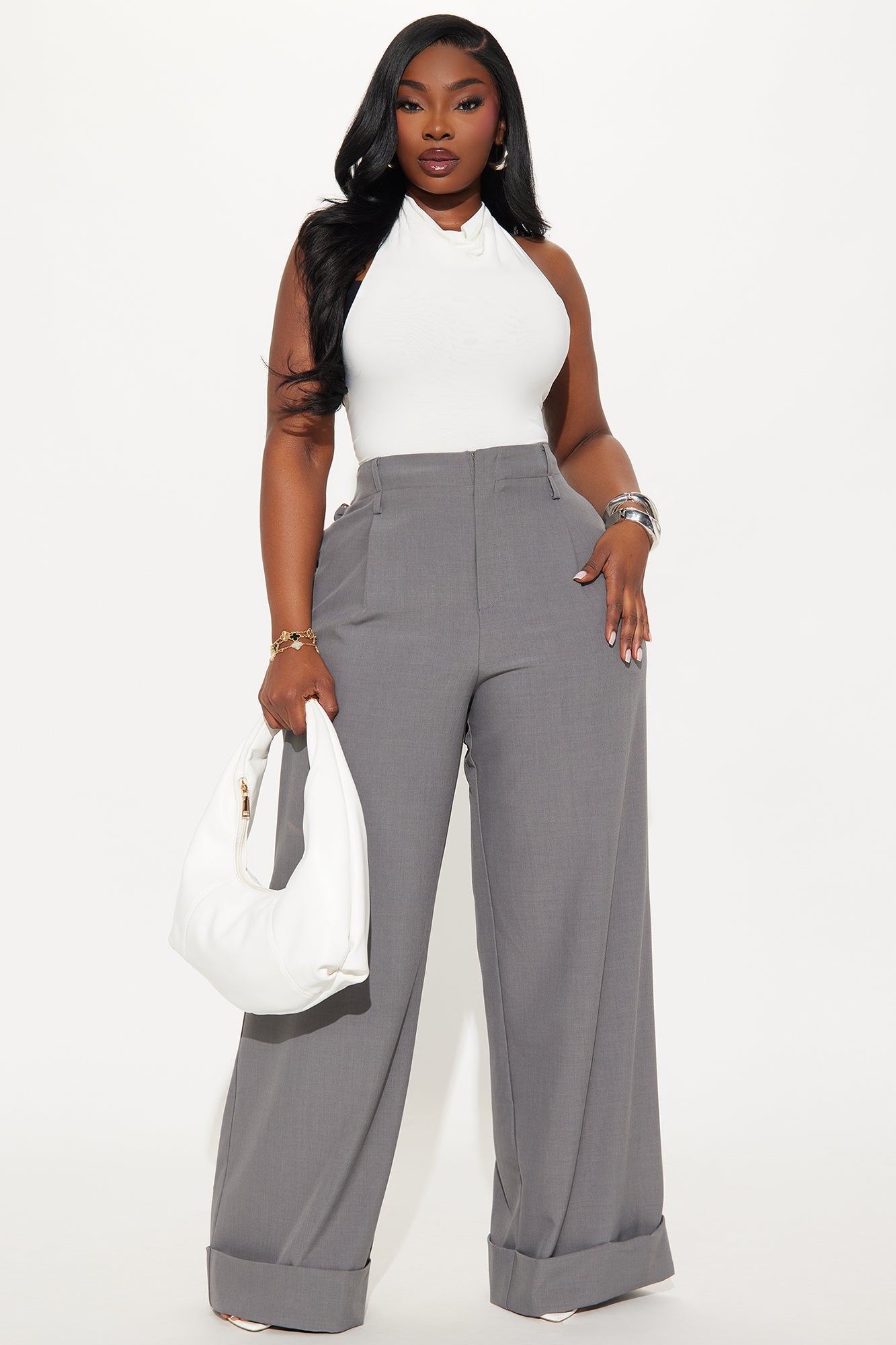 Kiah Cuffed Wide Leg Trouser - Grey