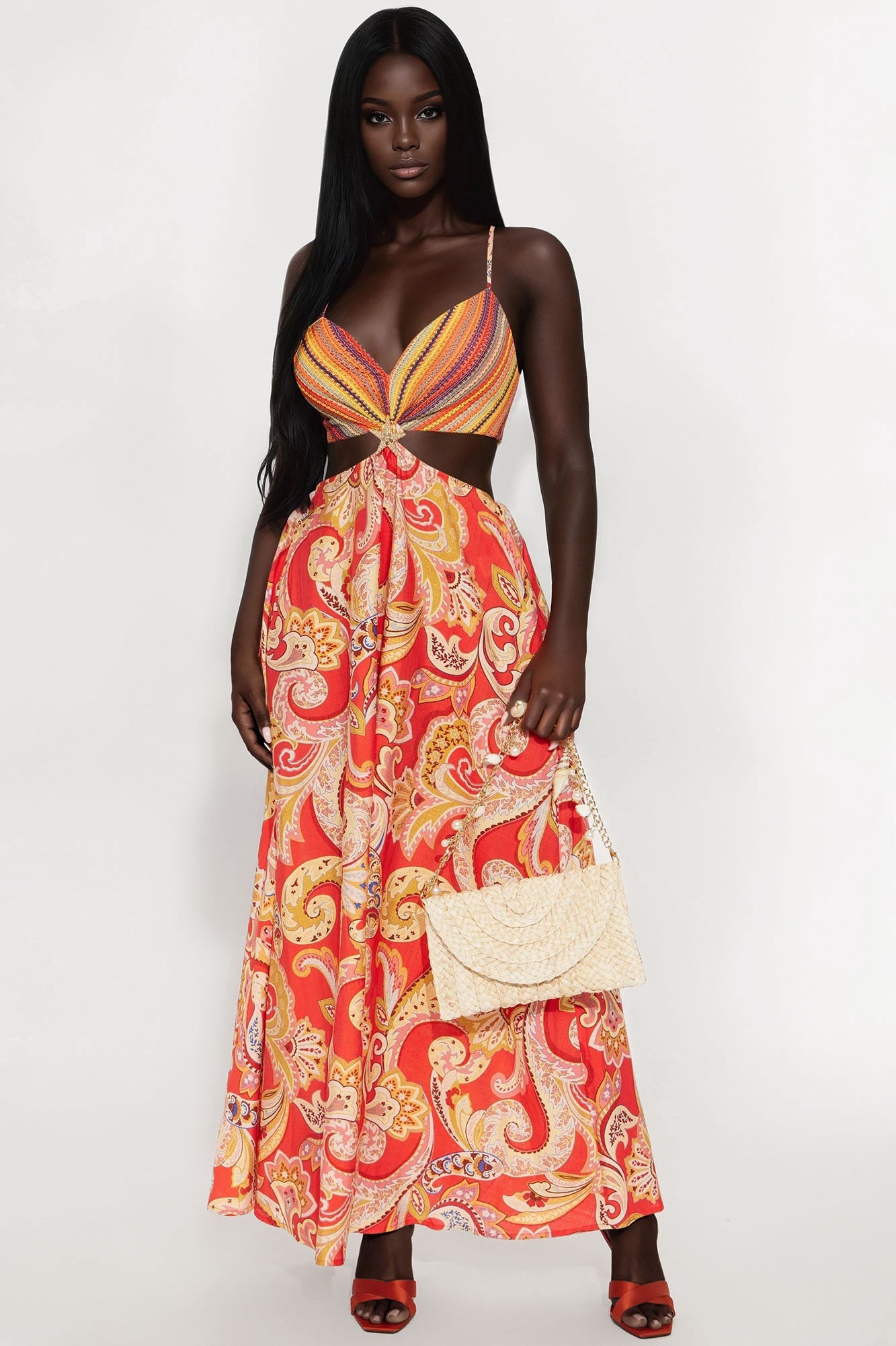Valerie Cut Out Satin Maxi Dress - Tomato Red/combo