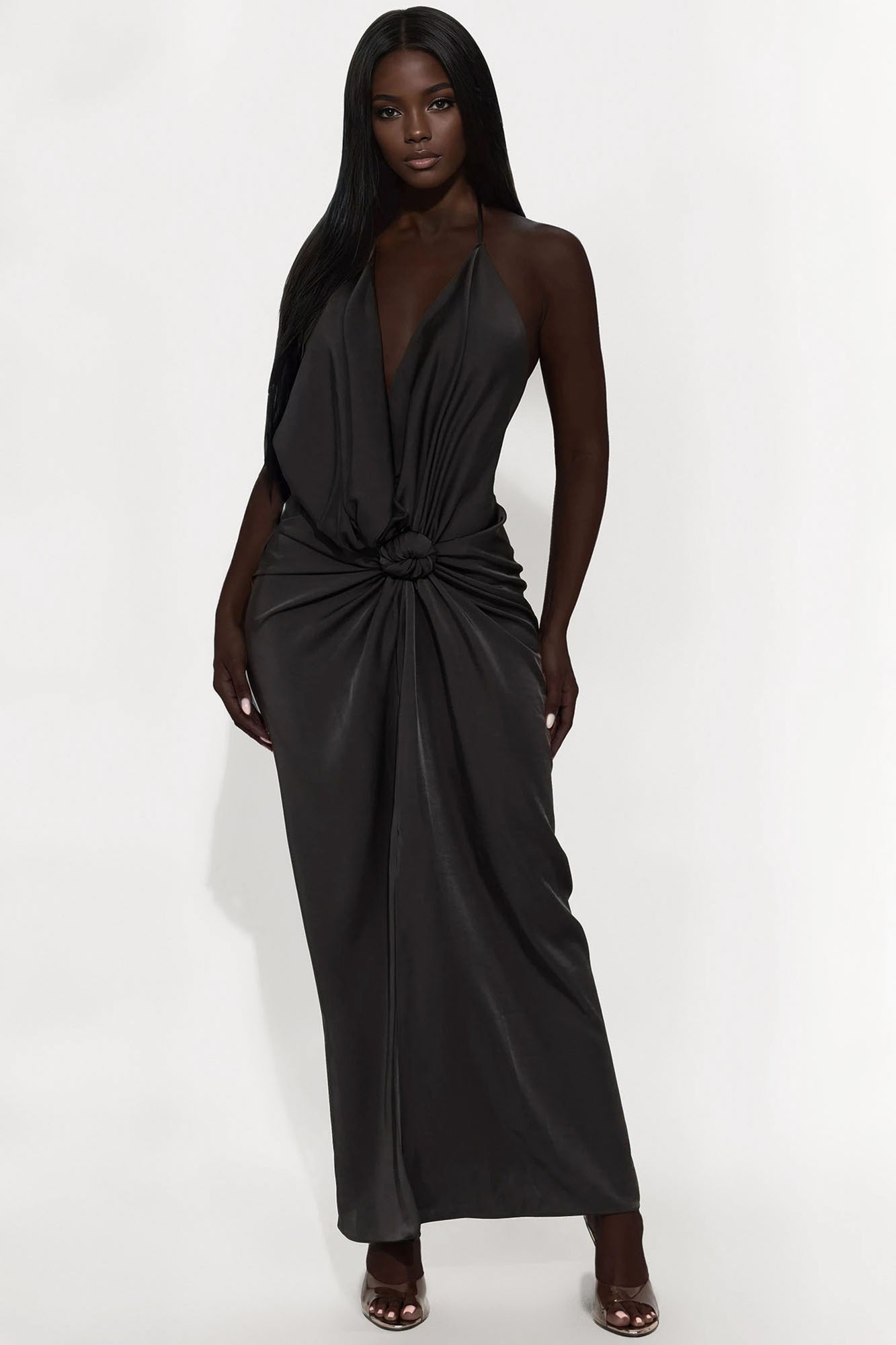 Evening Bliss Backless Satin Maxi Dress - Black