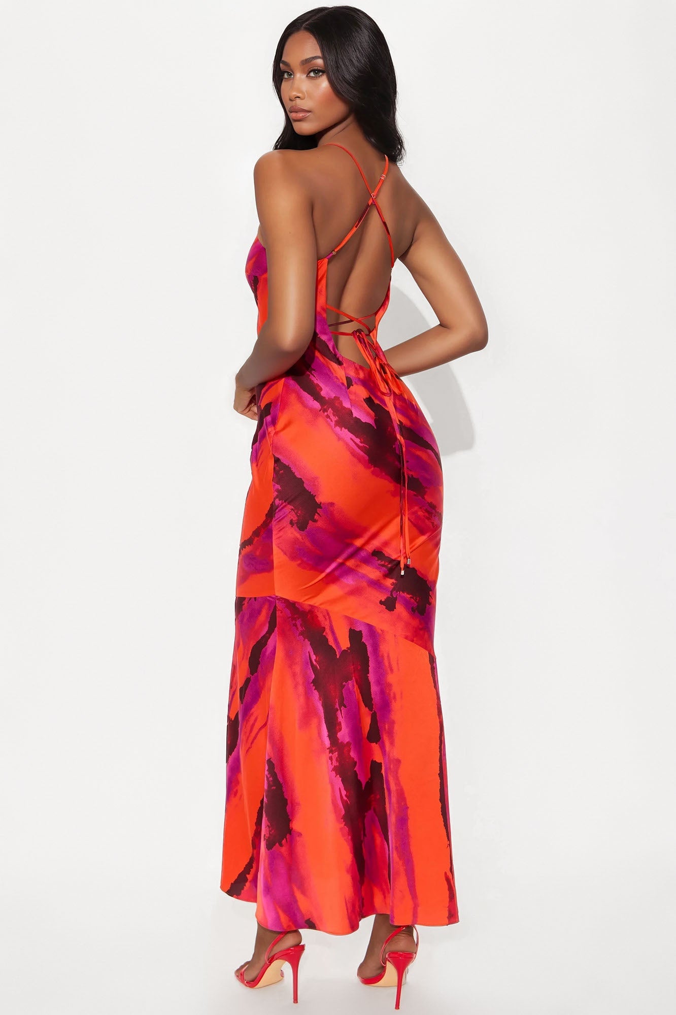 Ellen Backless Satin Maxi Dress - Red/combo