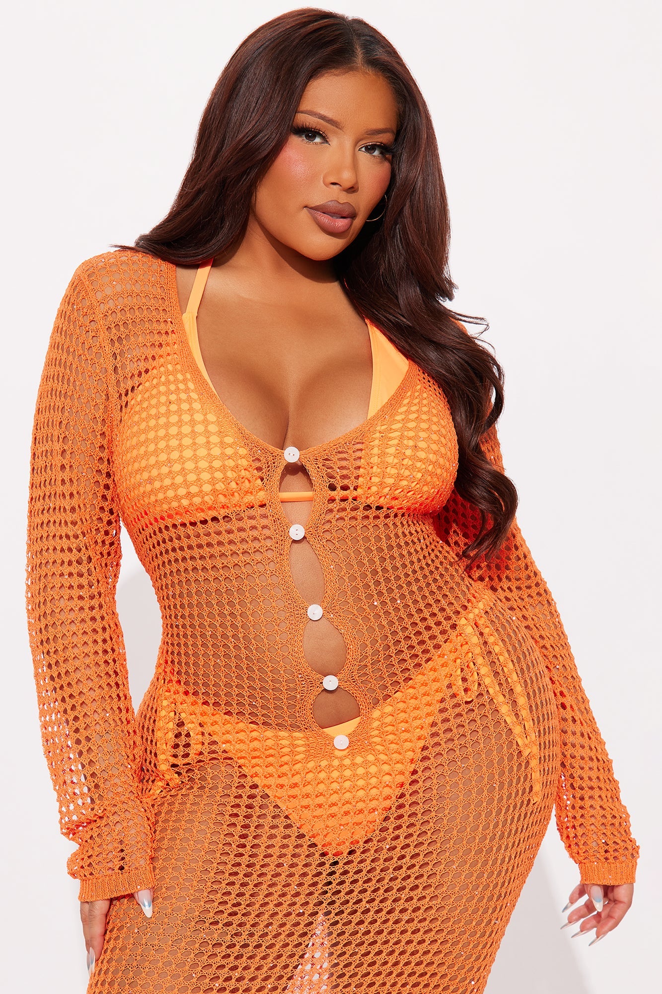 Aster Sequin Crochet Button Up Cover Up Maxi Dress - Orange