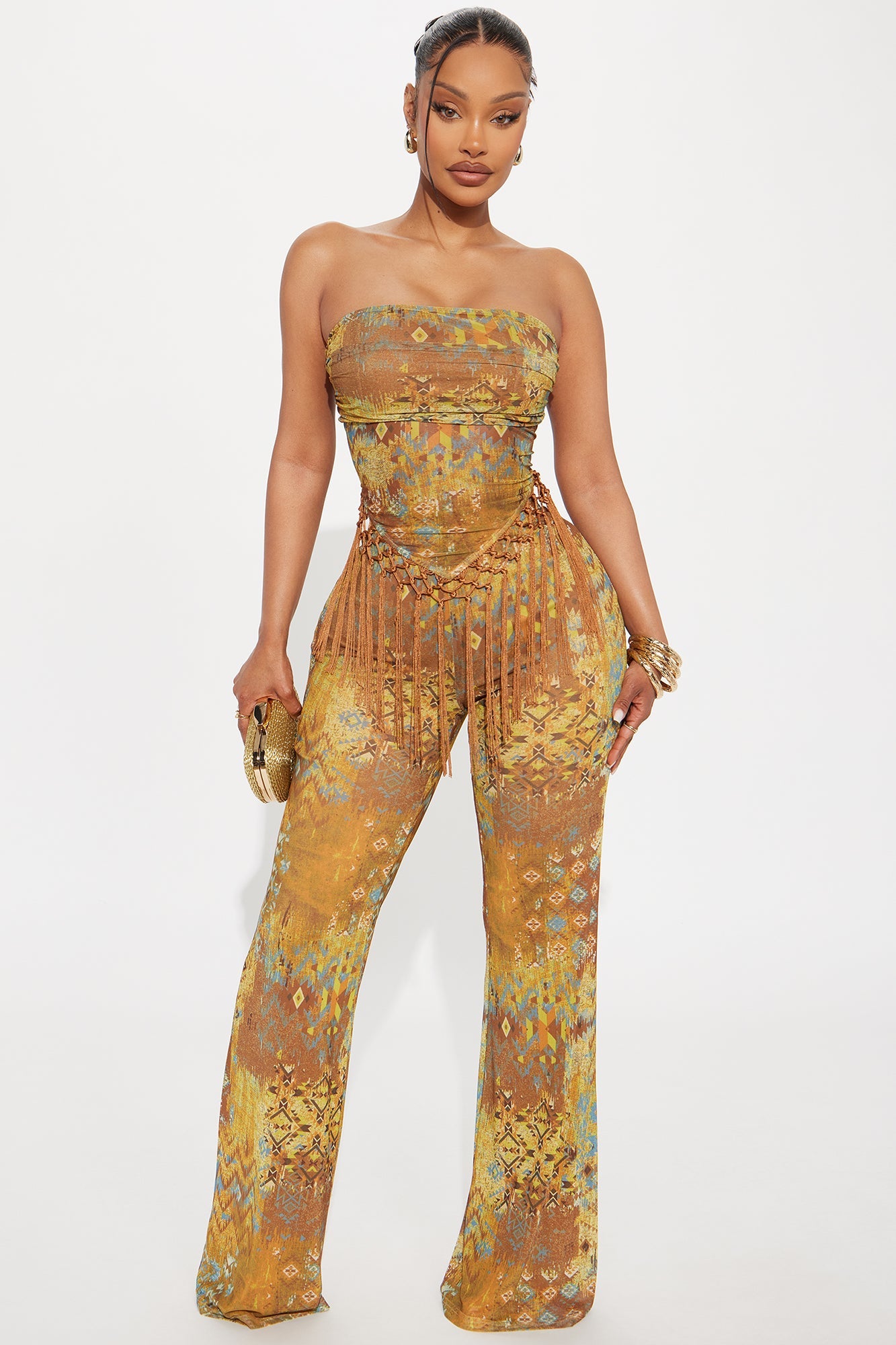 Burned Loved Fringe Tube Top Flare Pant Set - Brown/combo