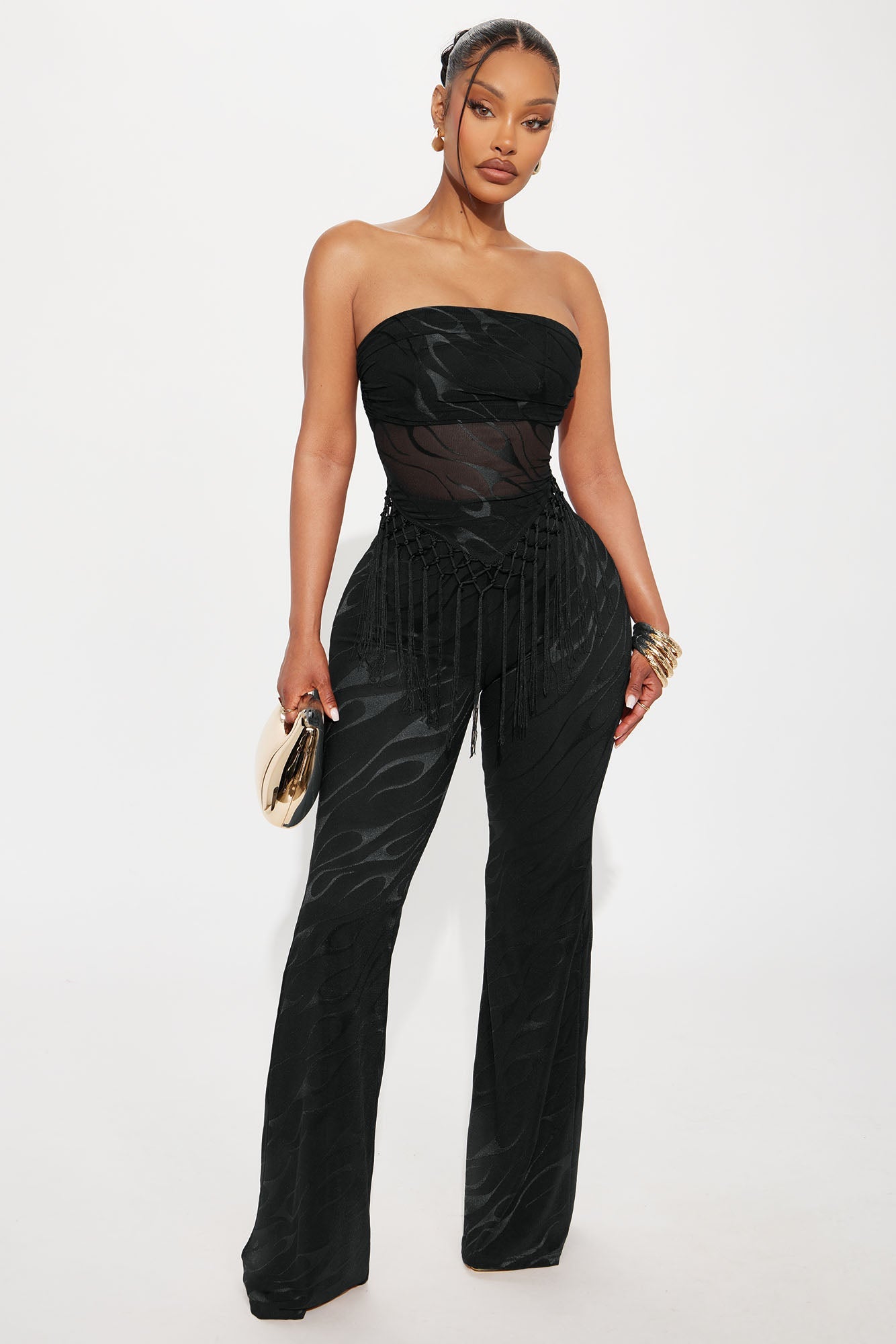 Pia Fringe Tube Top Flare Pant Set - Black