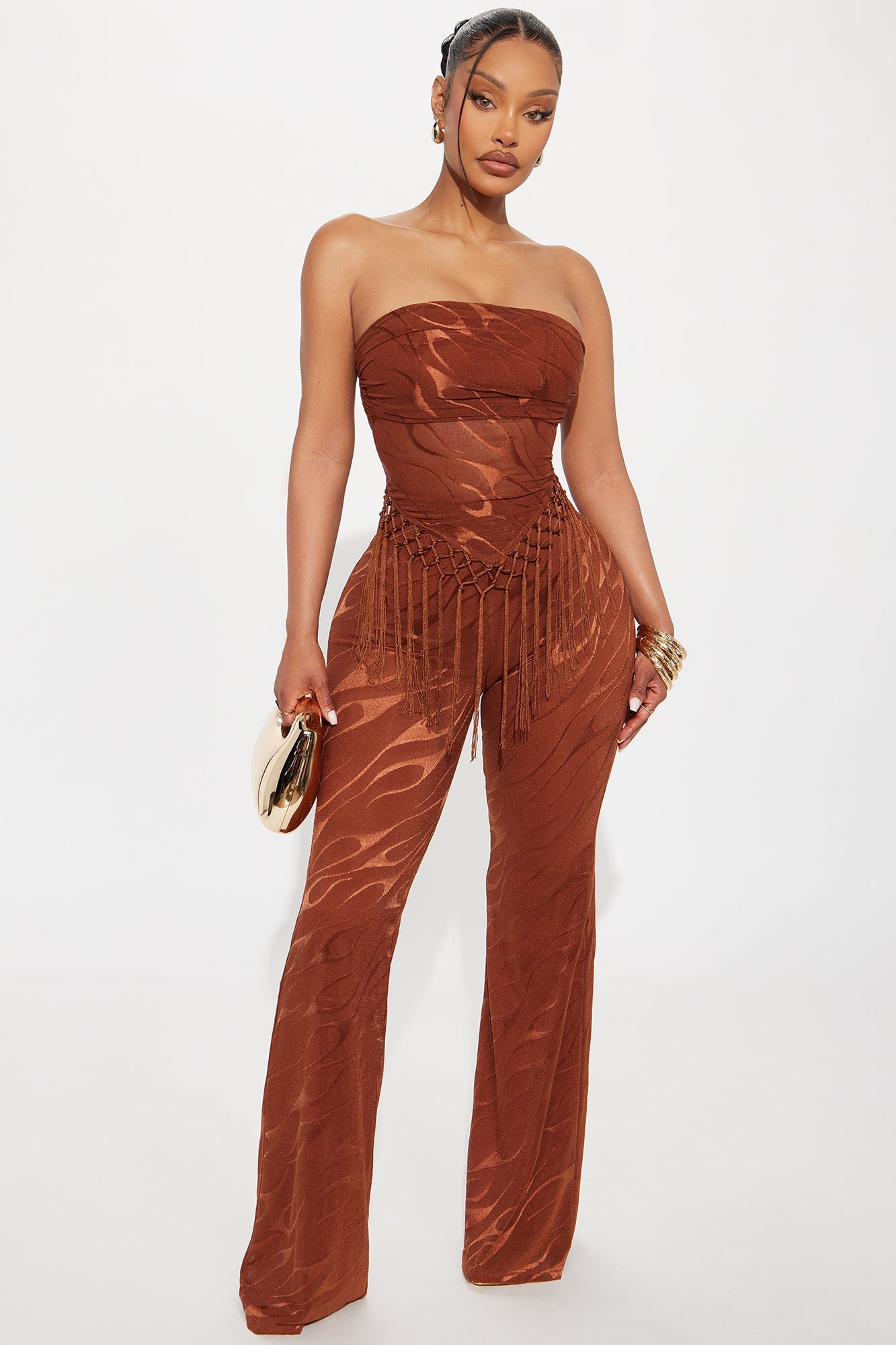 Pia Fringe Tube Top Flare Pant Set - Rust