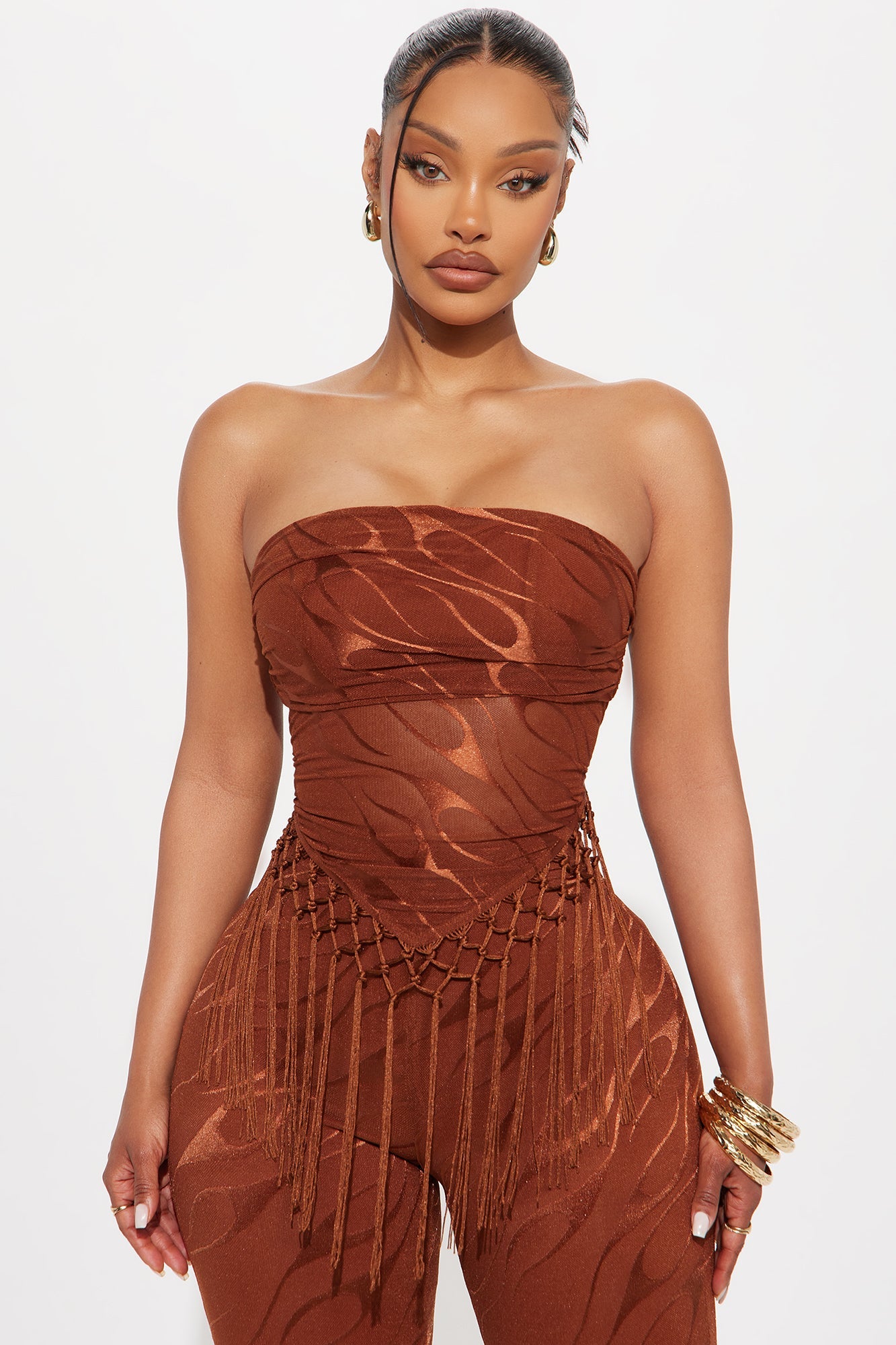 Pia Fringe Tube Top Flare Pant Set - Rust