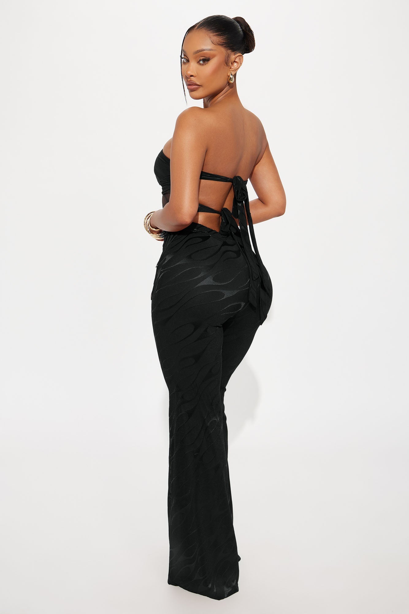 Pia Fringe Tube Top Flare Pant Set - Black
