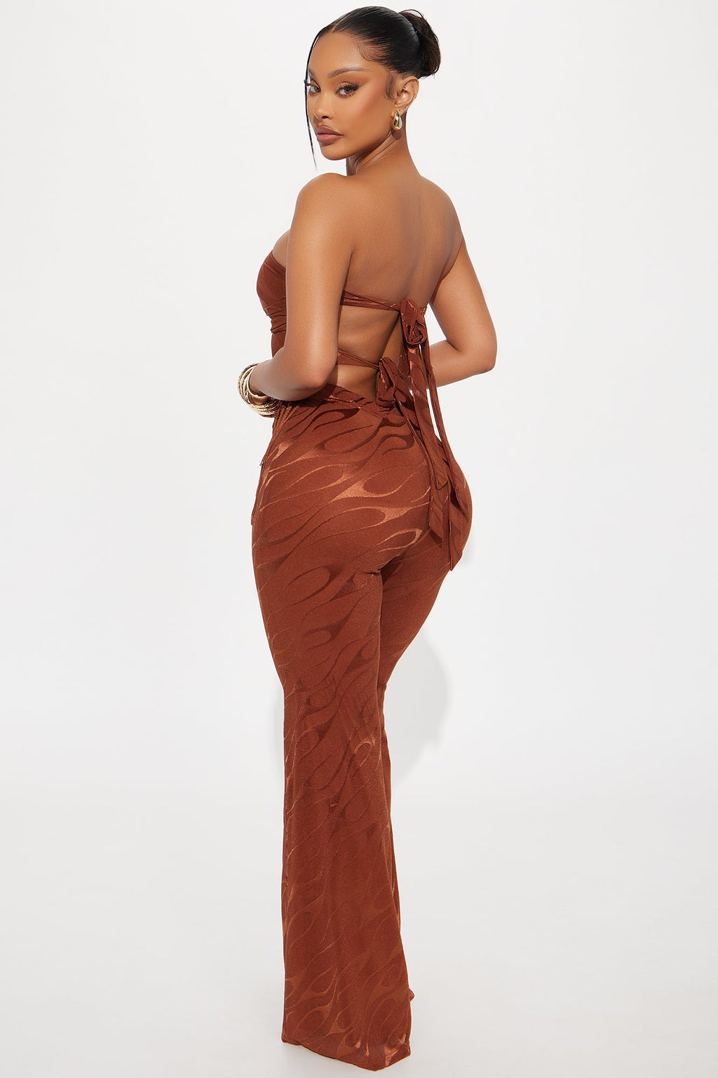 Pia Fringe Tube Top Flare Pant Set - Rust
