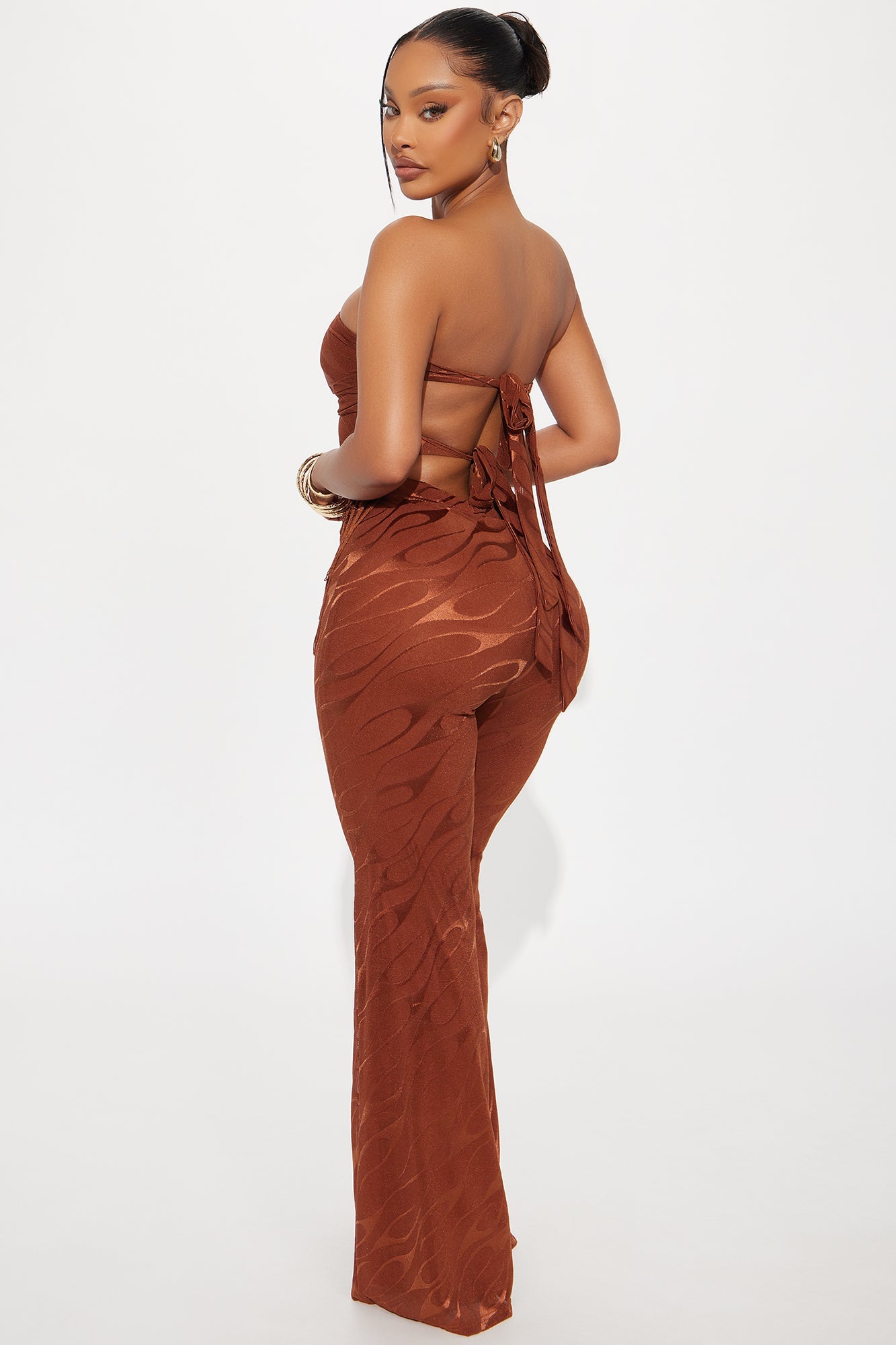 Pia Fringe Tube Top Flare Pant Set - Rust
