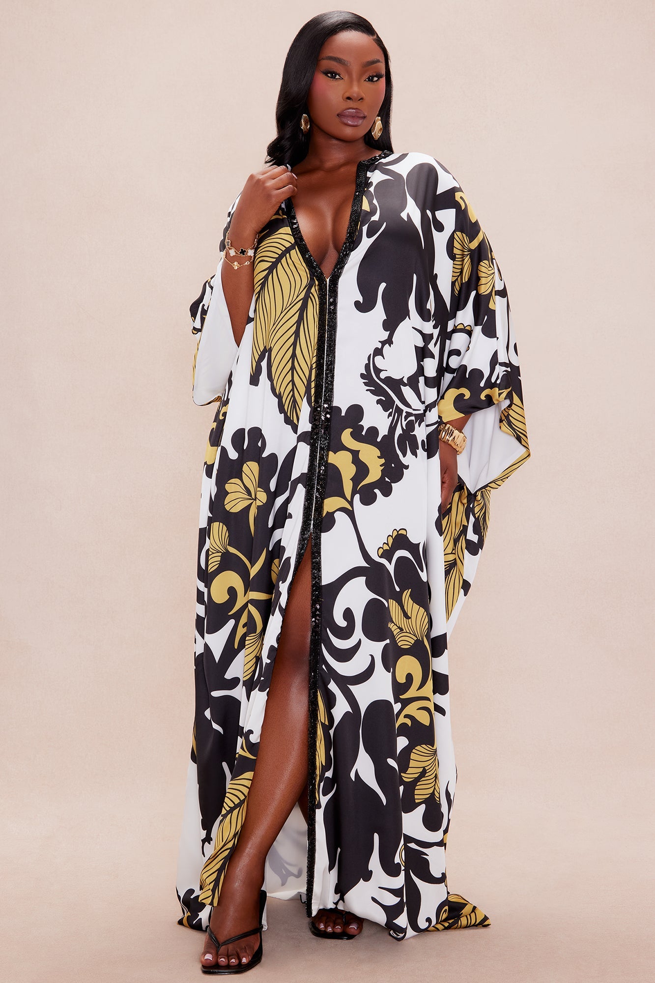 Adima Embellished Satin Kaftan - Gold/combo