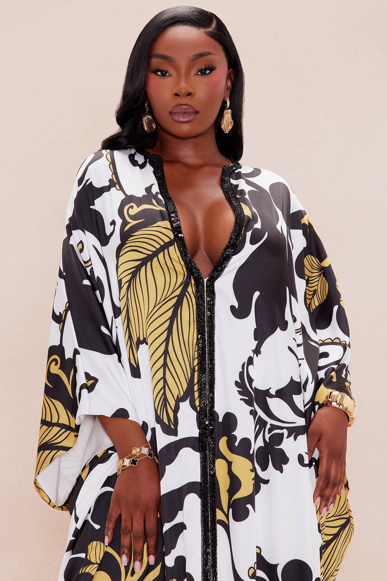 Adima Embellished Satin Kaftan - Gold/combo