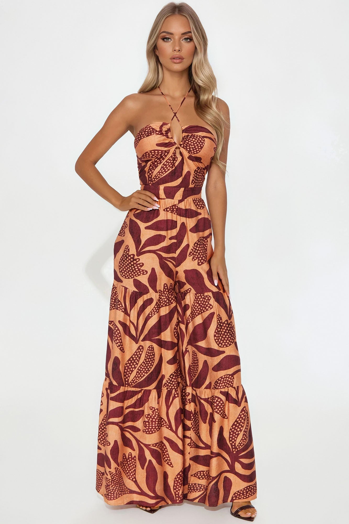 Nora Halter Wide Leg Jumpsuit - Orange/combo