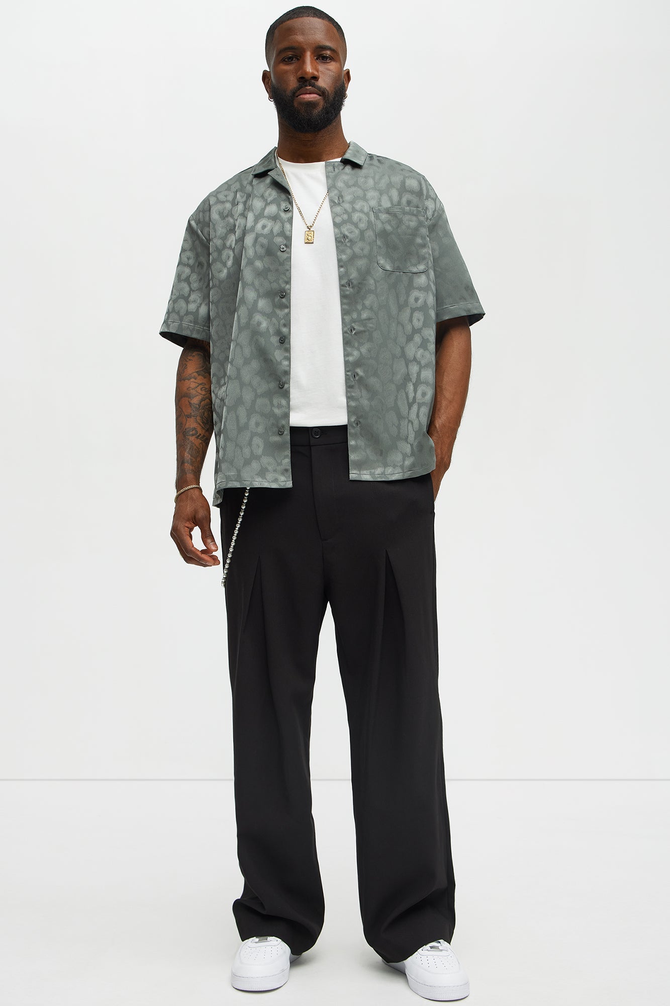 Satin Leopard Button Up Shirt - Grey