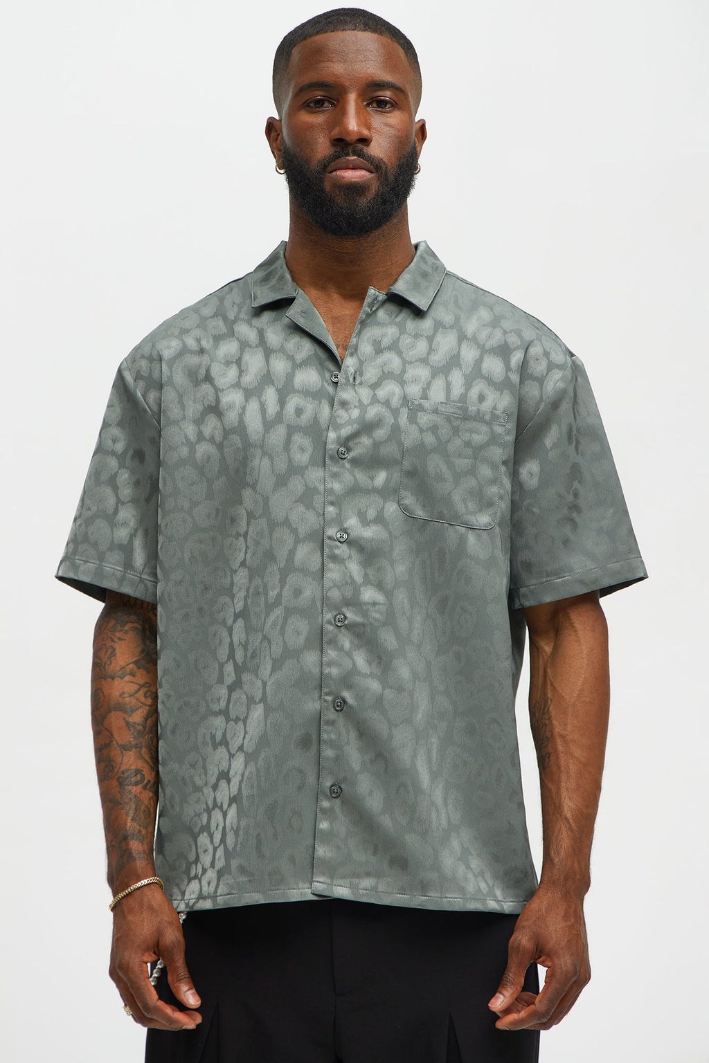 Satin Leopard Button Up Shirt - Grey