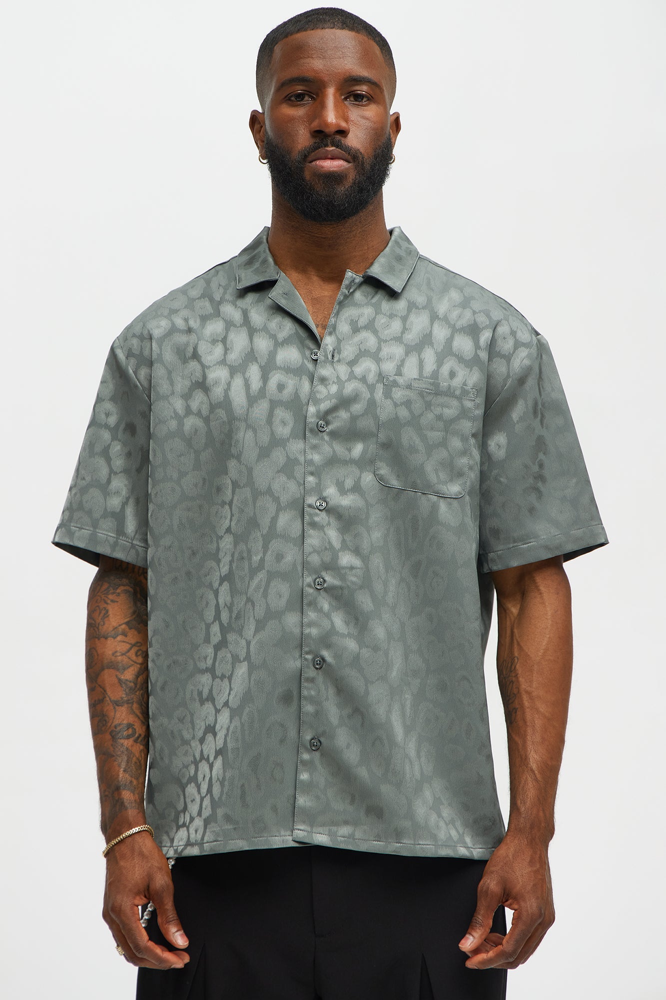 Satin Leopard Button Up Shirt - Grey