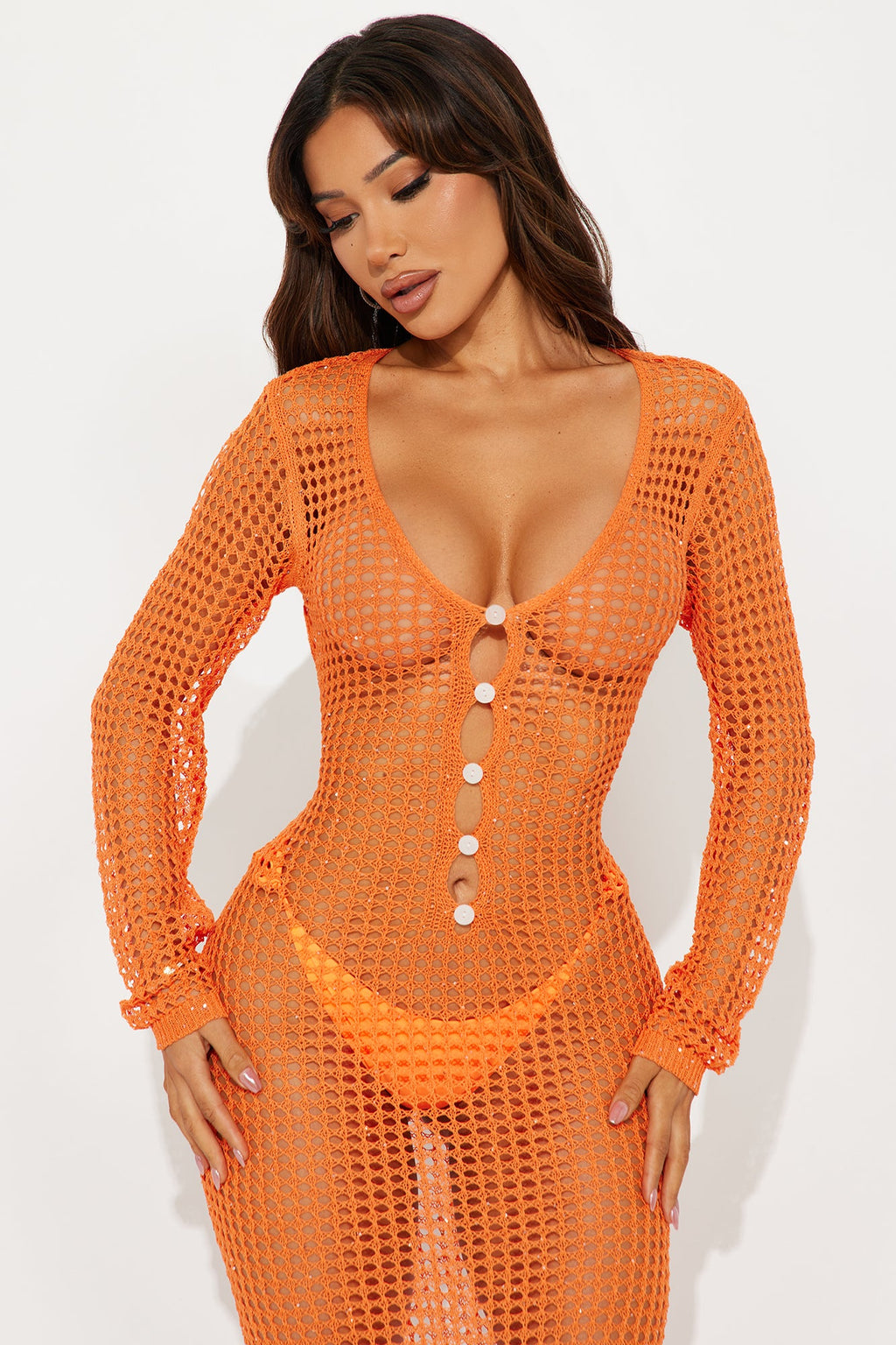 Aster Sequin Crochet Button Up Cover Up Maxi Dress - Orange