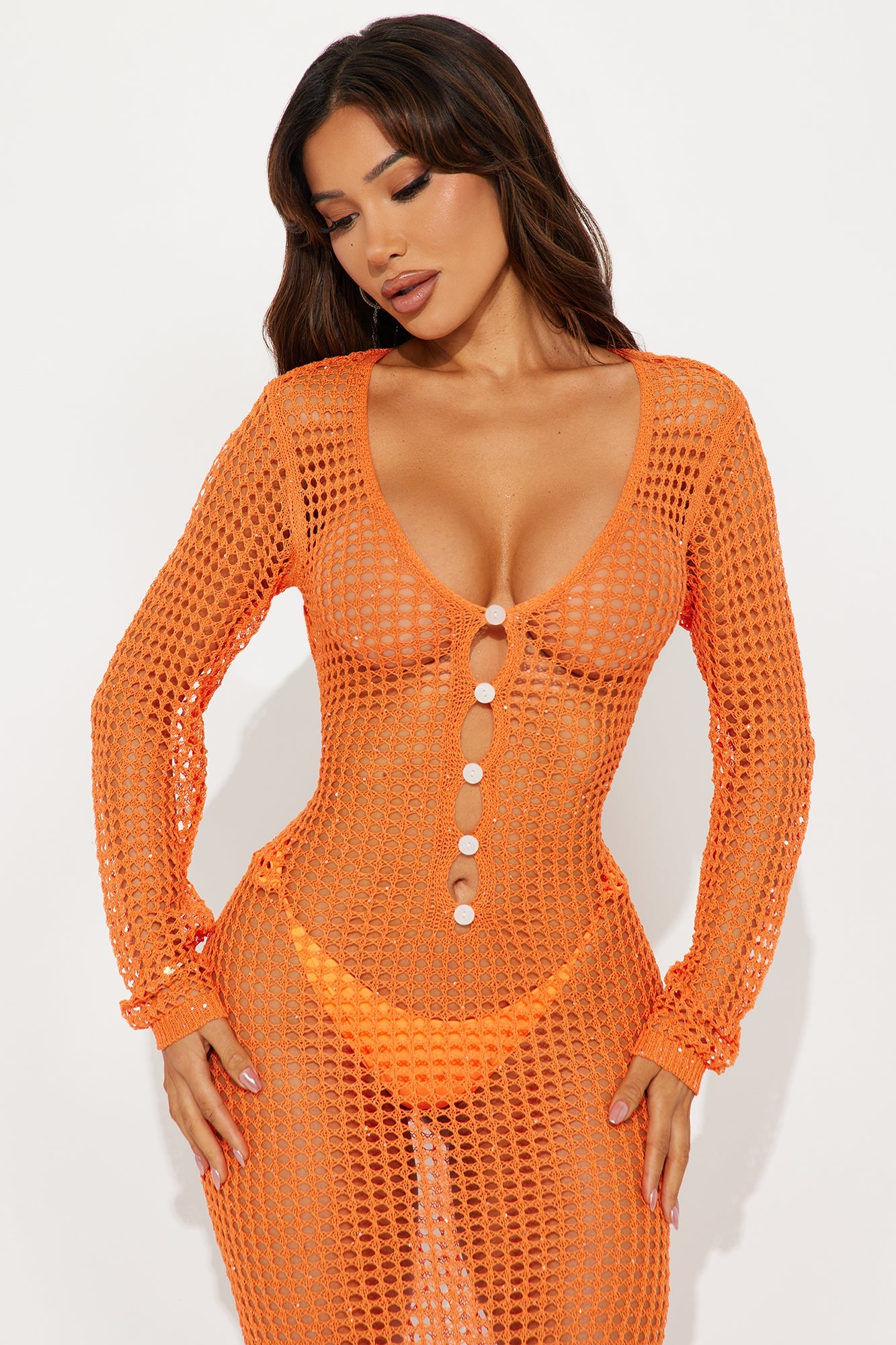 Aster Sequin Crochet Button Up Cover Up Maxi Dress - Orange