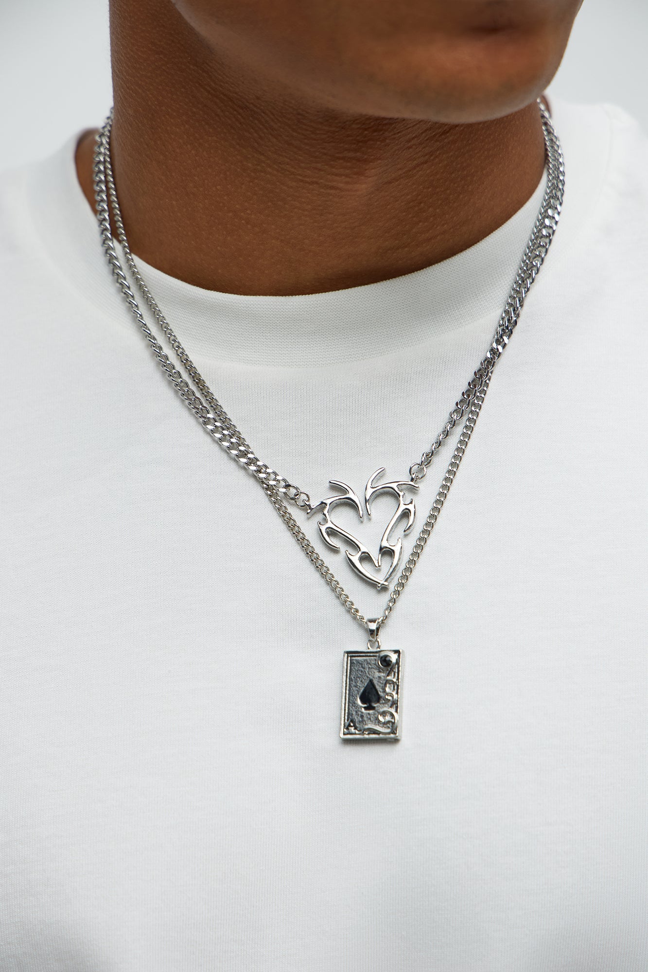 Ace Of Spades 2 Piece Necklace Set - Silver