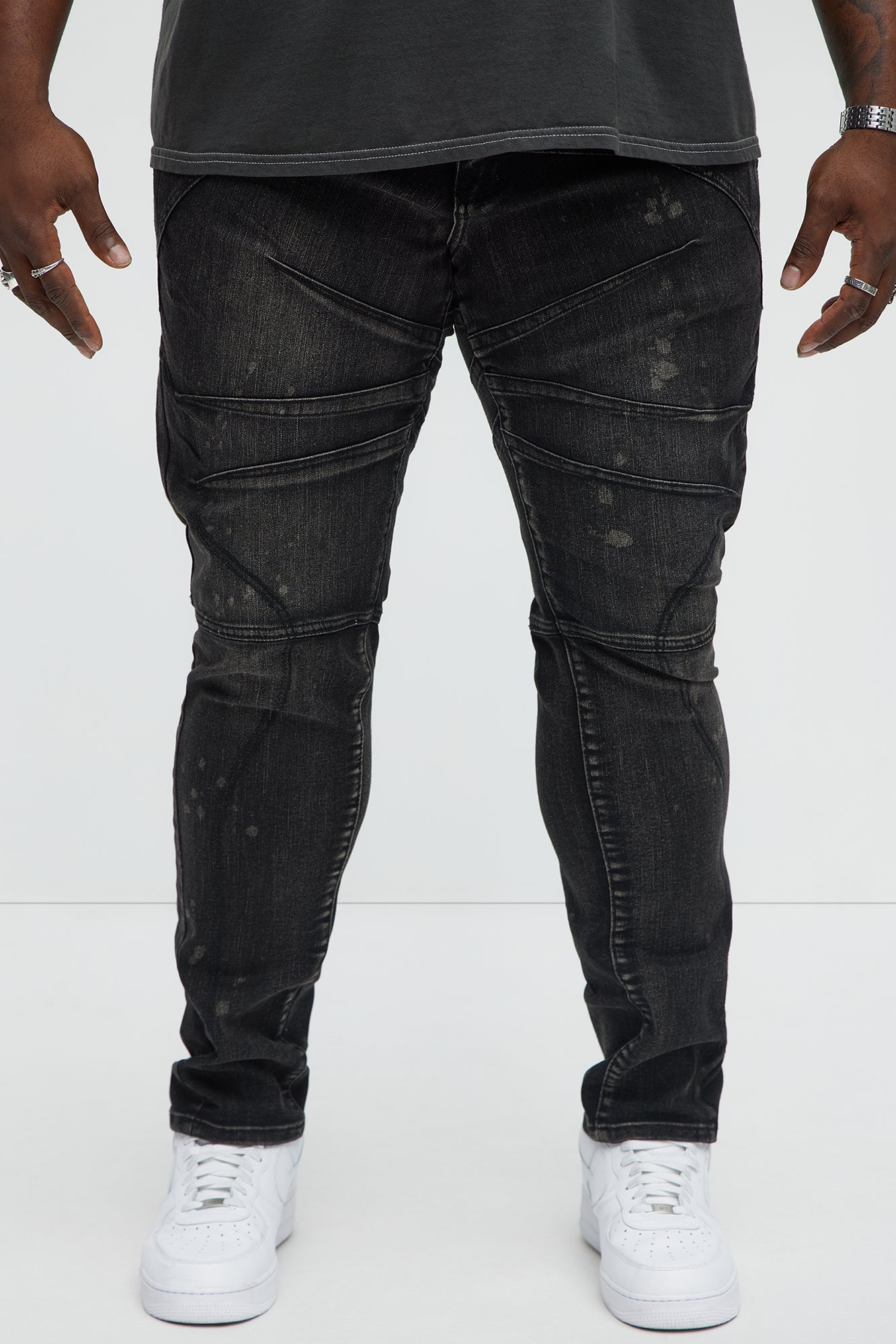 Skinny Ramped Up Panel Bleach Spot Jeans - Black Wash