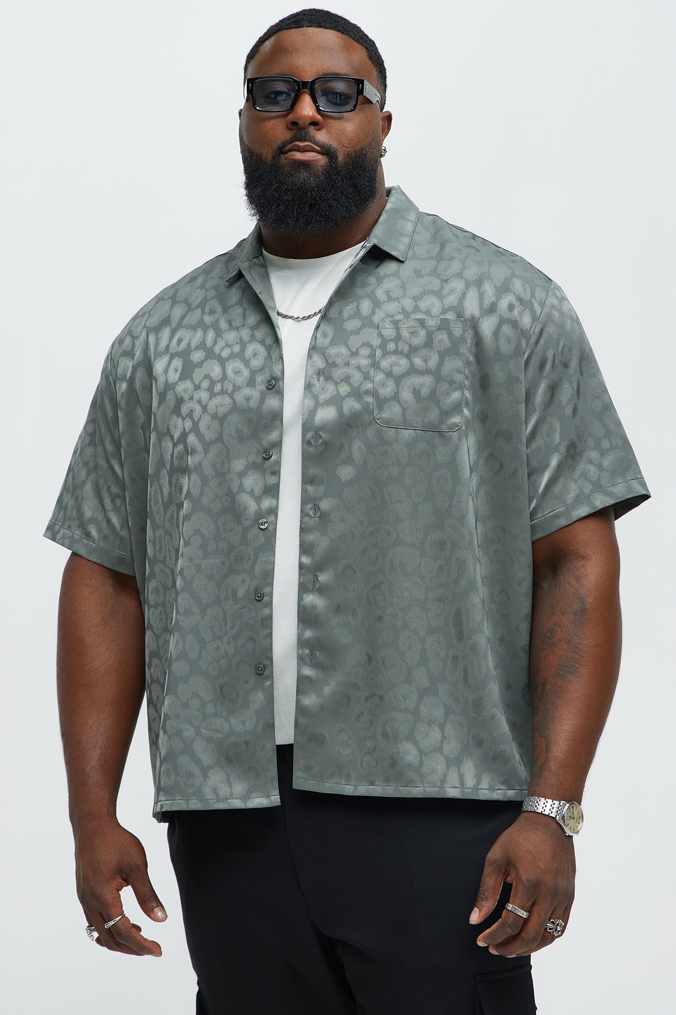 Satin Leopard Button Up Shirt - Grey
