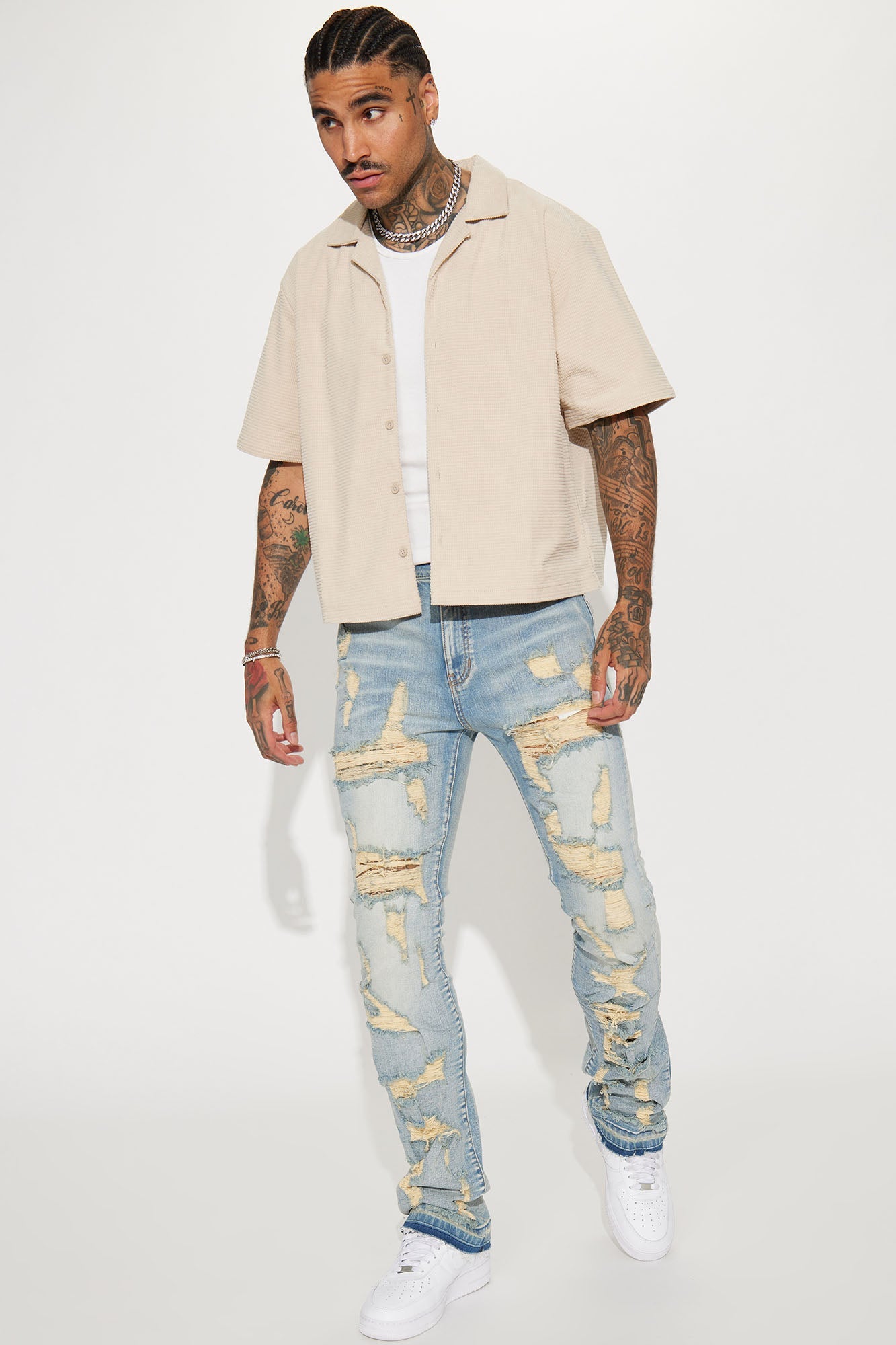 Torn Apart Stacked Skinny Flare Jeans - Light Blue Wash