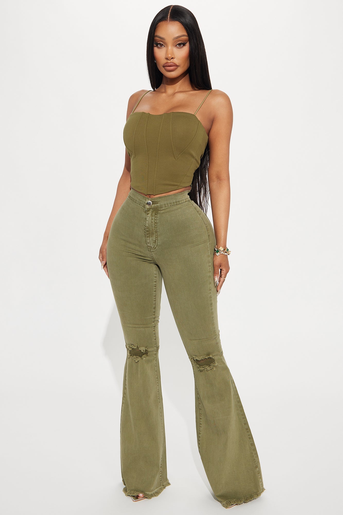Mystery Solved Extreme Bell Bottom Jeans - Olive