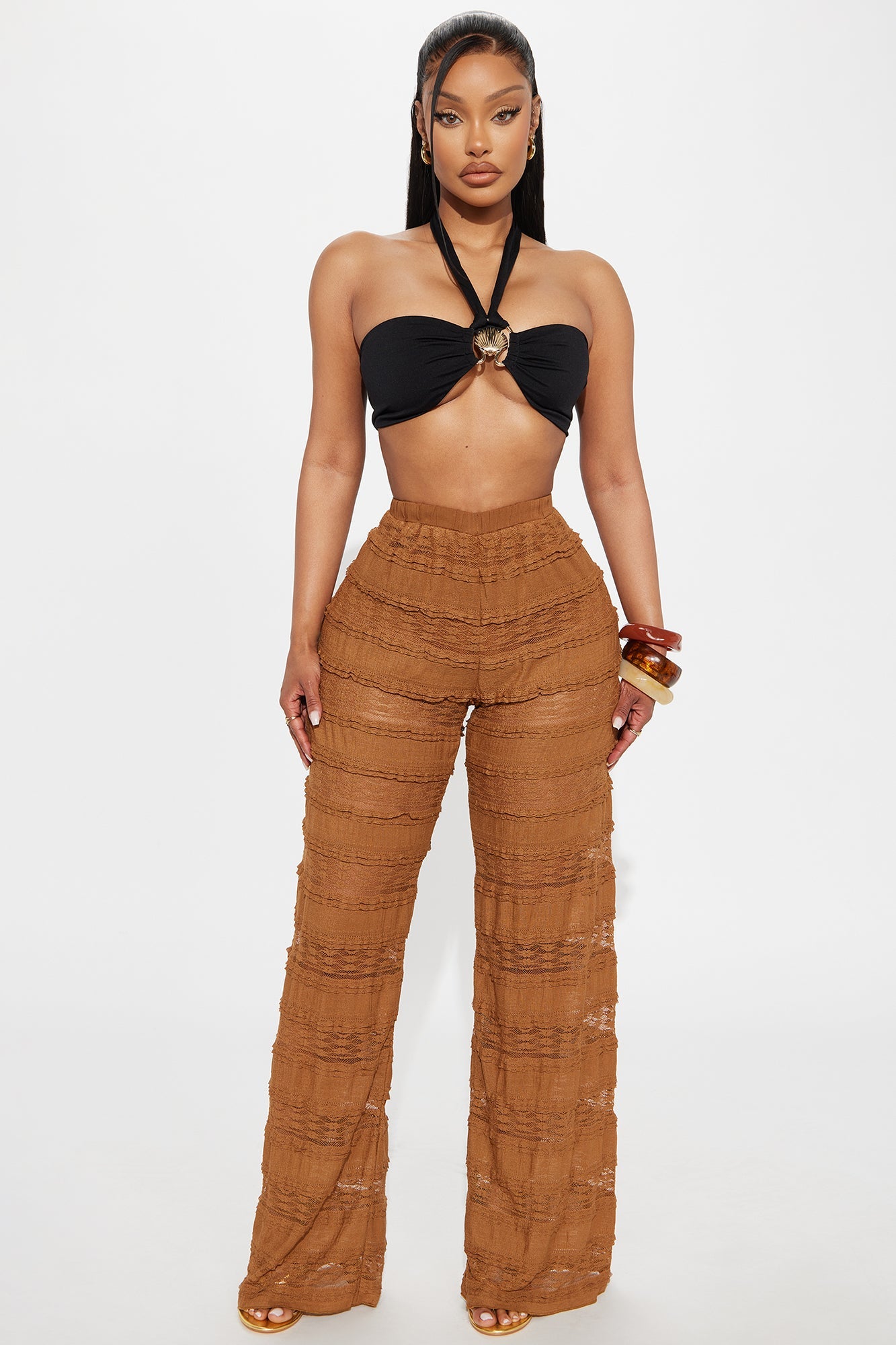Draped In Lace Straight Leg Pant - Mocha