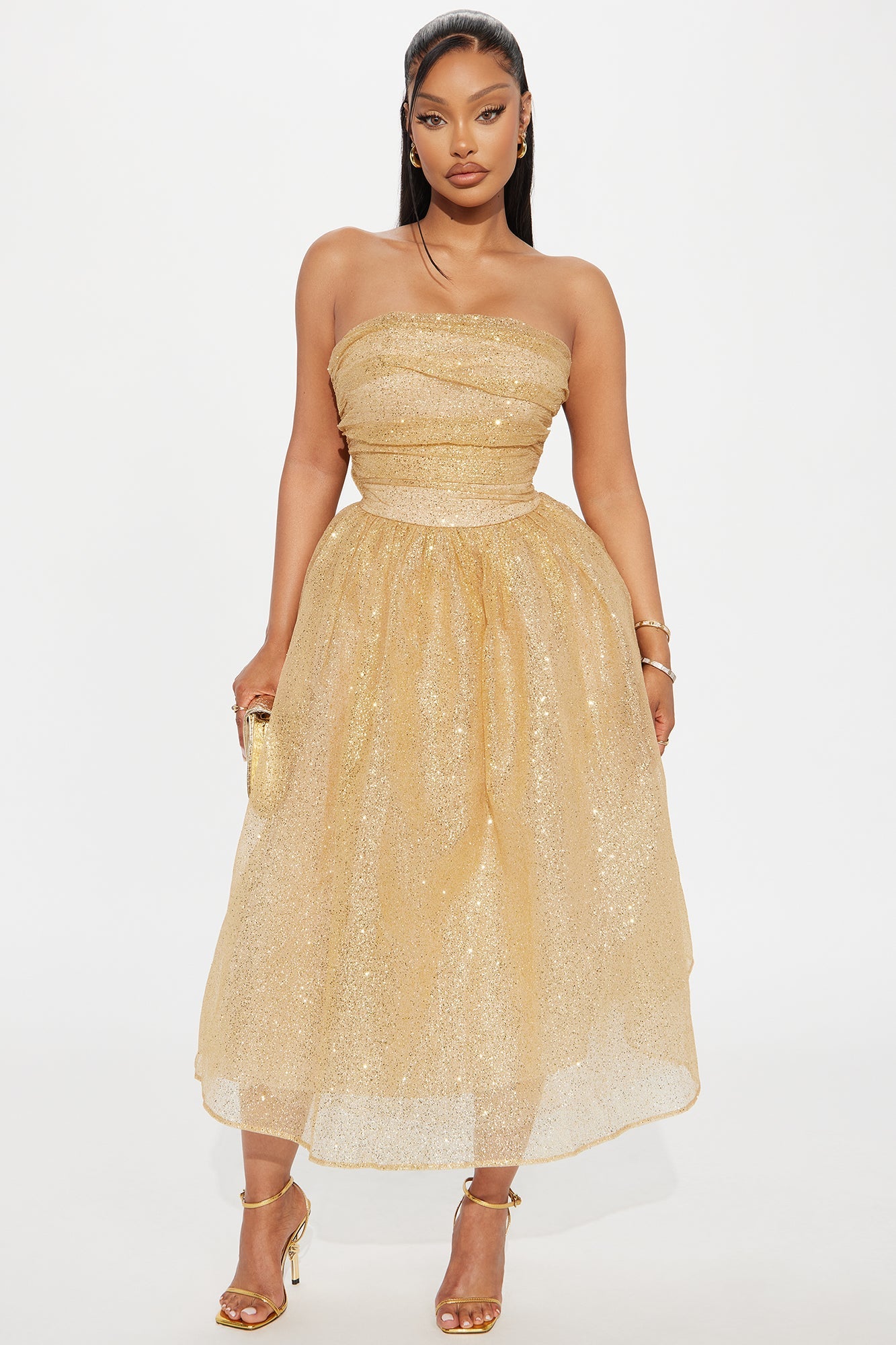 Own Your Sparkle Tulle Midi Dress - Gold