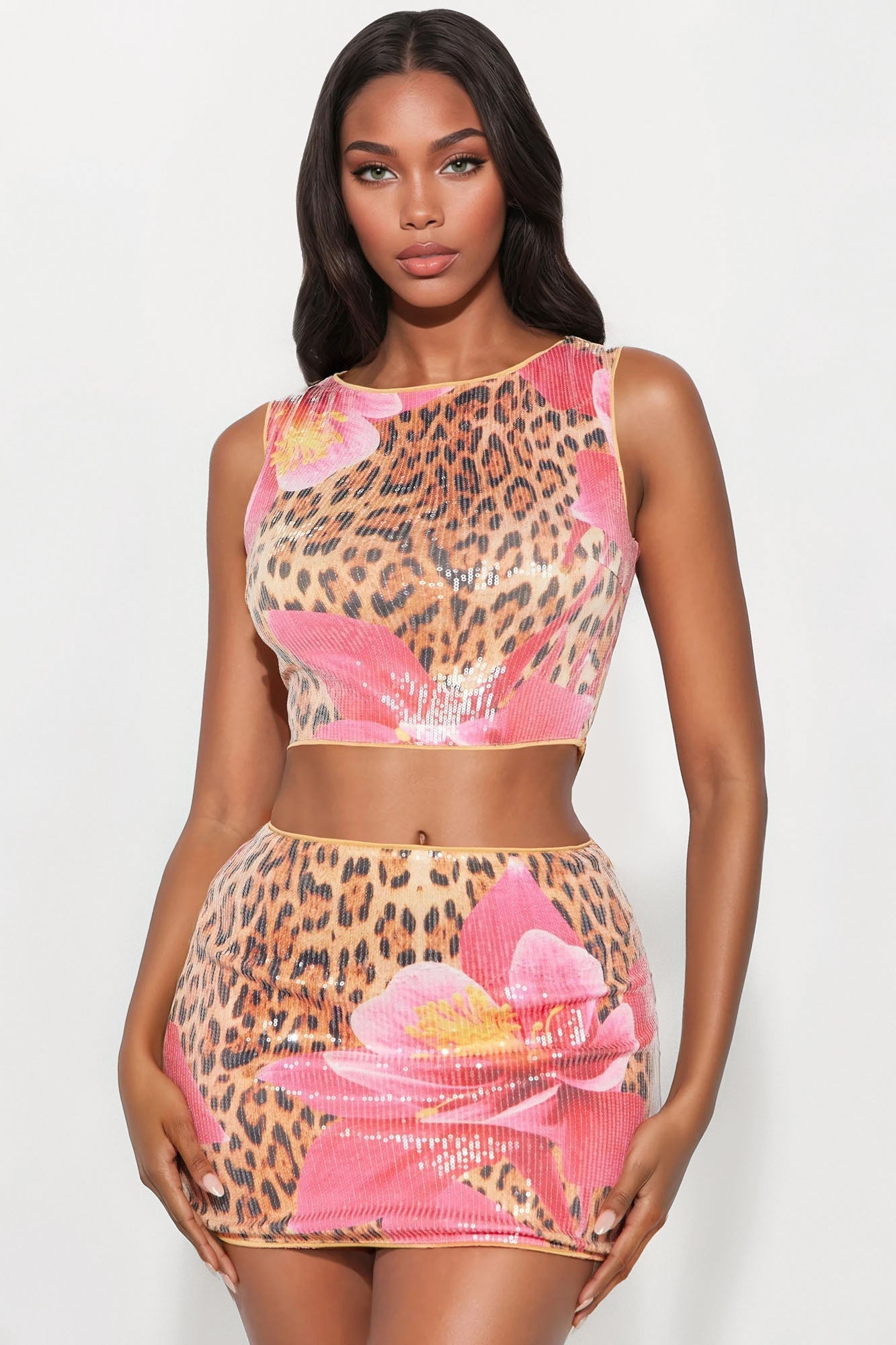 Exotic Bloom Sequin Leopard Skirt Set - Brown Combo