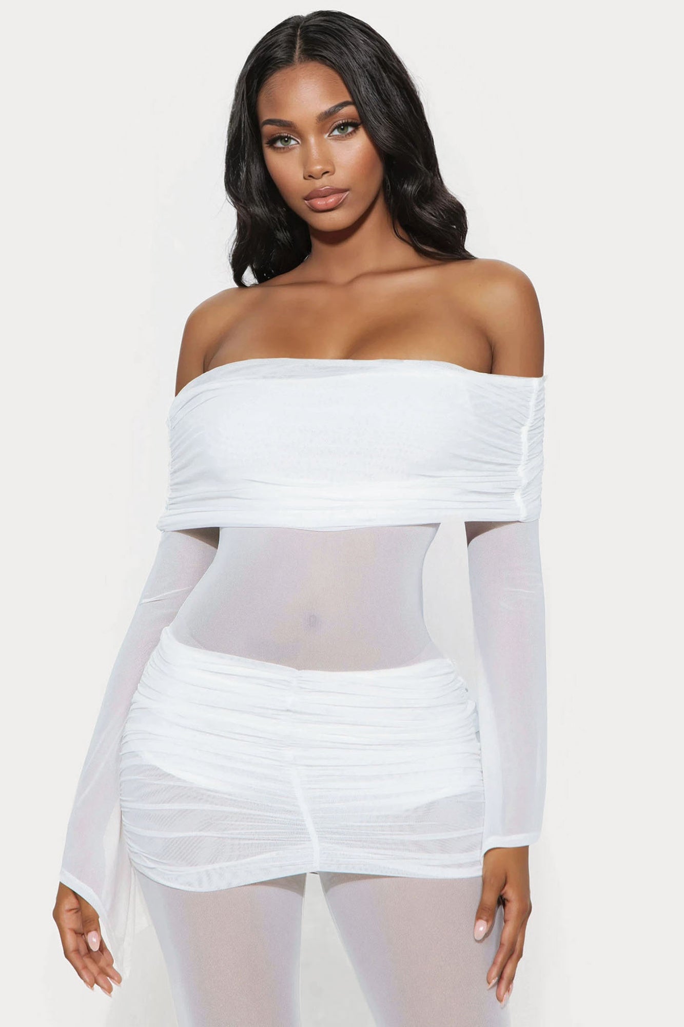 Olivia Ruched Mesh Jumpsuit - White