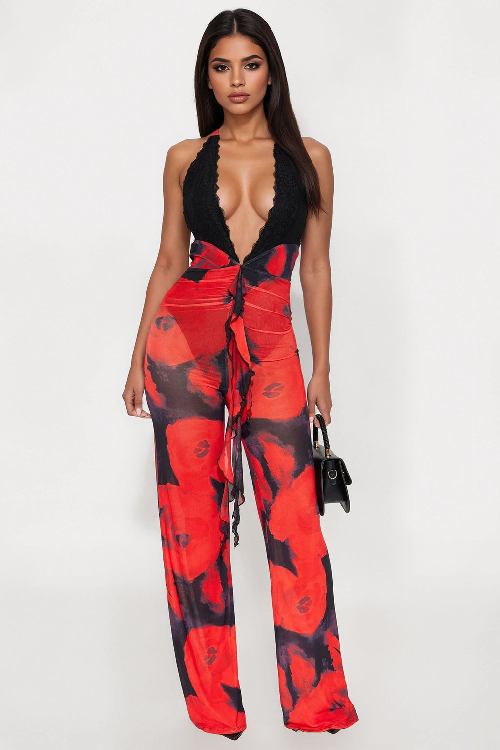 Rosemary Halter Mesh Jumpsuit - Red/Black