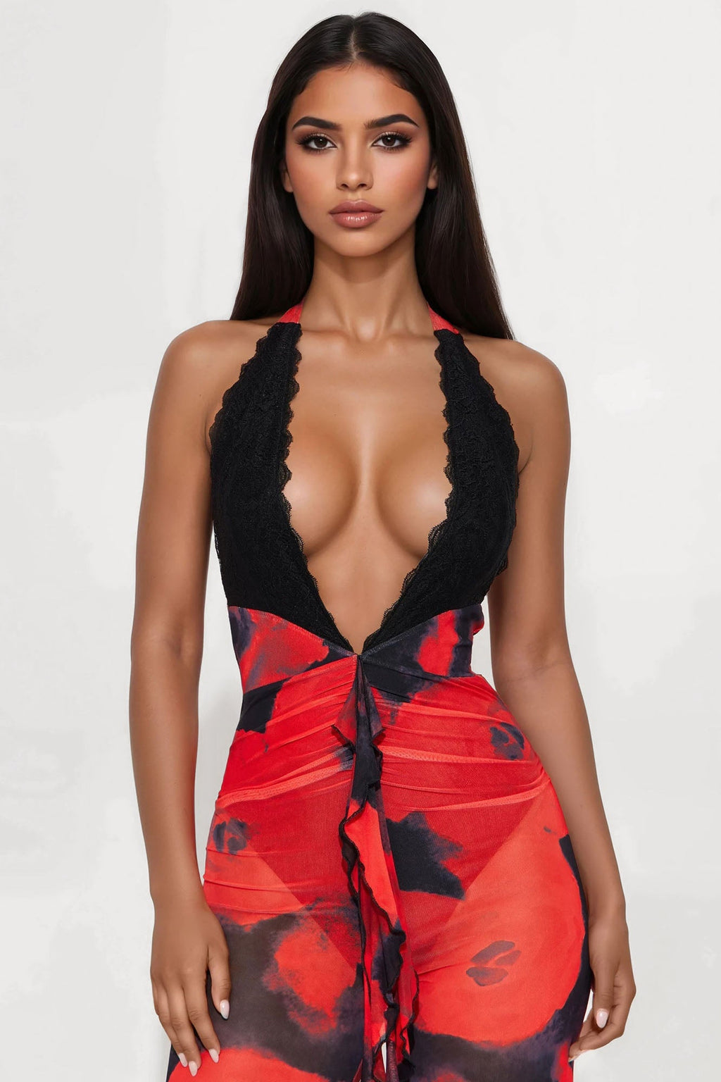Rosemary Halter Mesh Jumpsuit - Red/Black