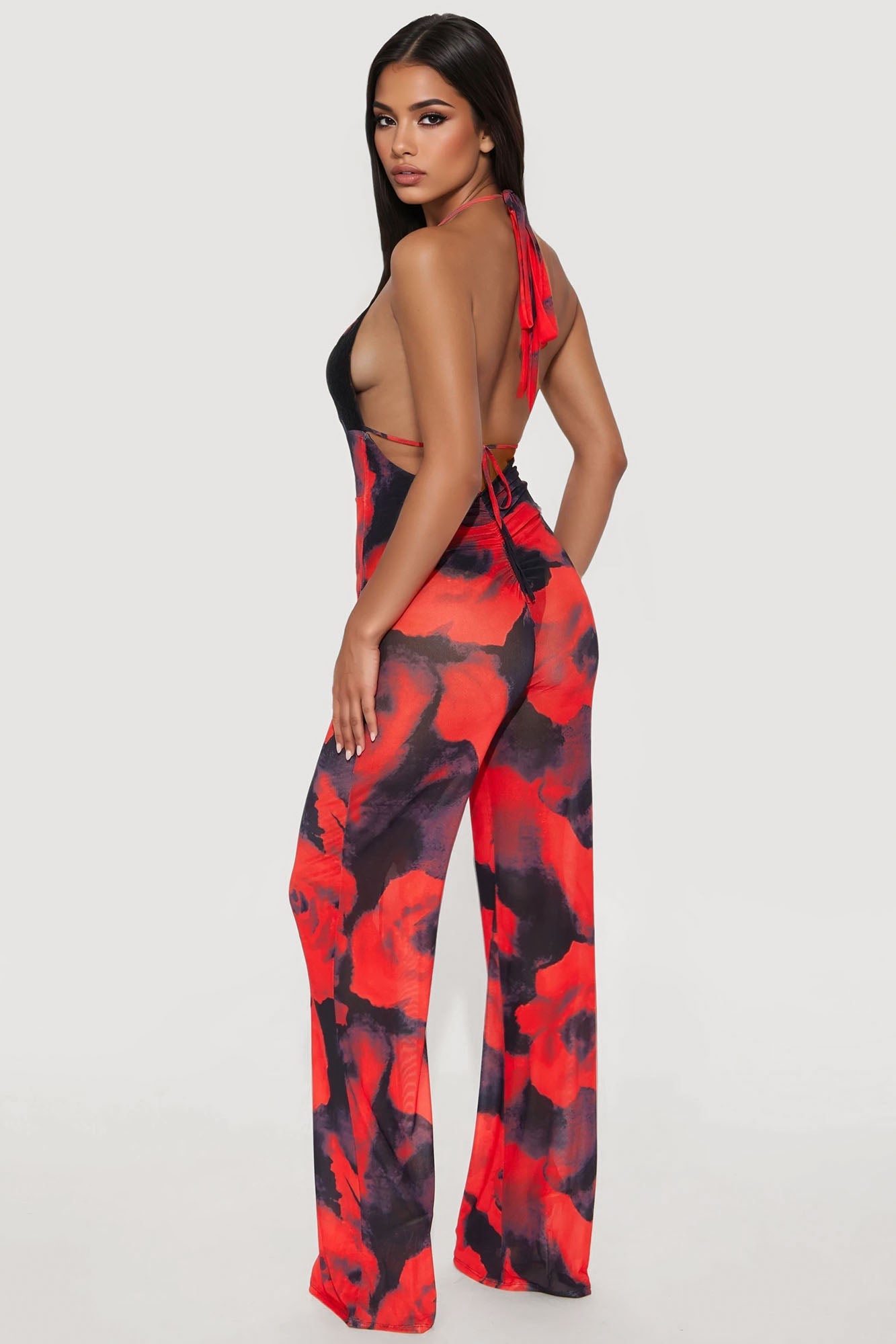 Rosemary Halter Mesh Jumpsuit - Red/Black
