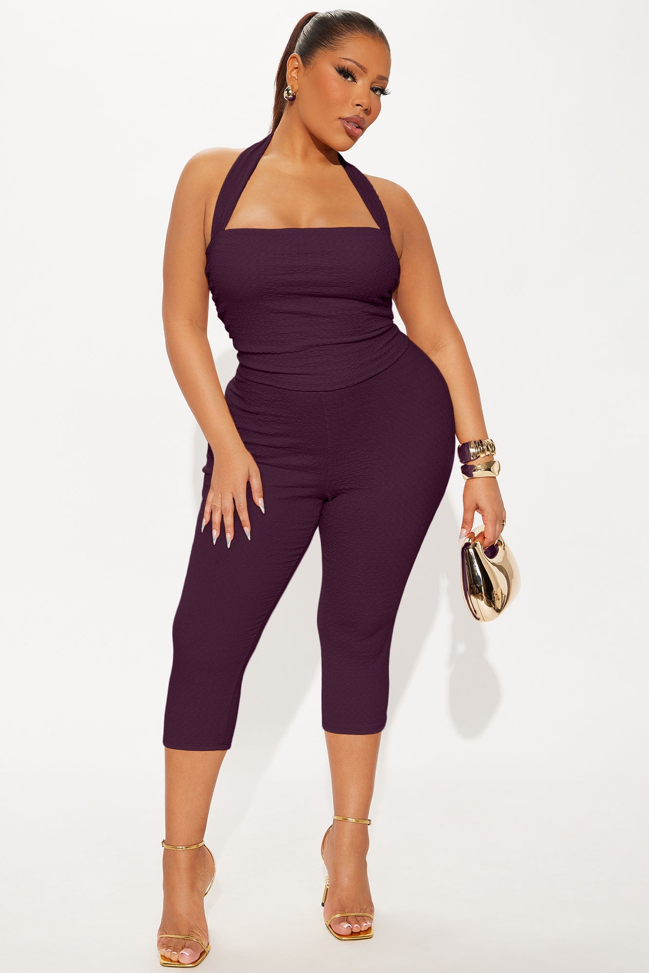 Delilah Textured Halter Capri Pant Set - Plum