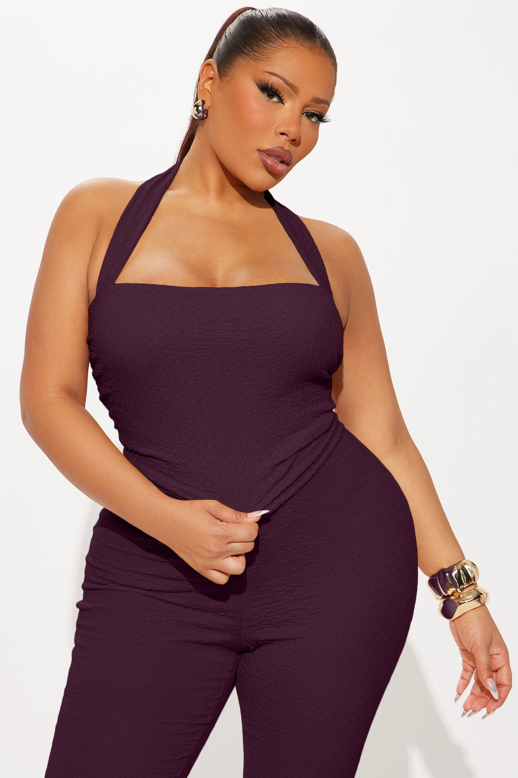 Delilah Textured Halter Capri Pant Set - Plum