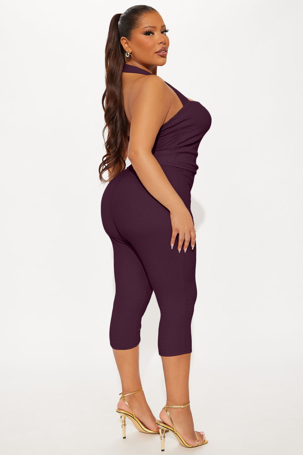 Delilah Textured Halter Capri Pant Set - Plum