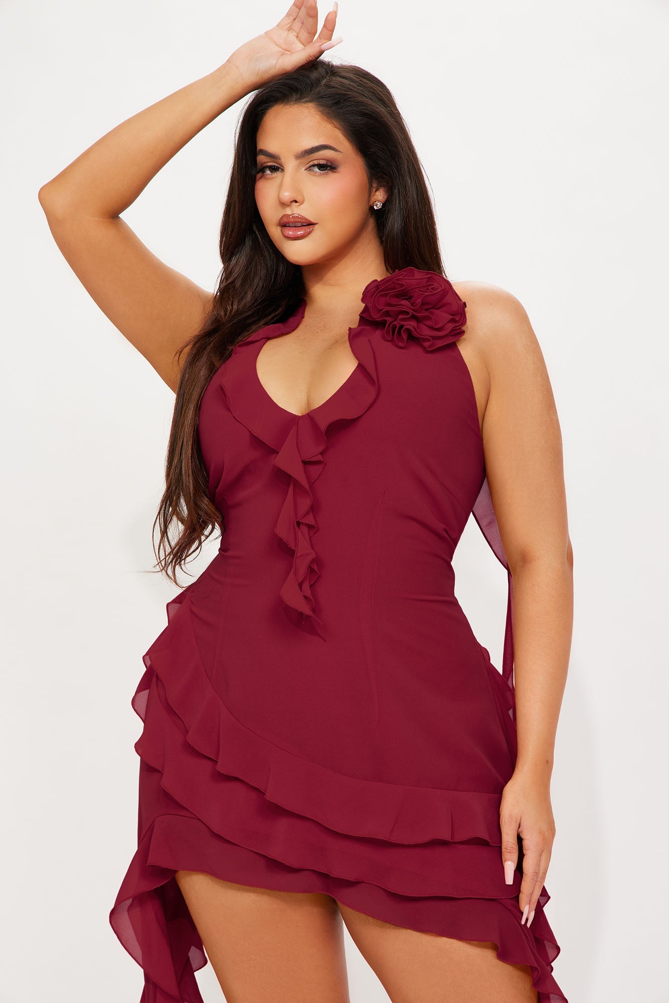 Ruffles and Roses Mini Dress - Wine