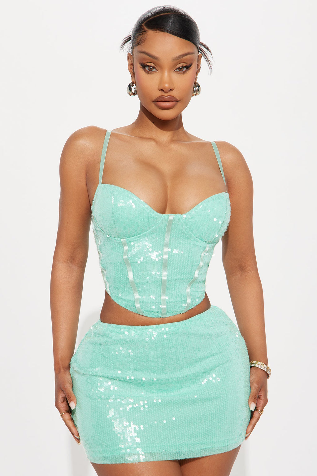 Crystal Bay Sequin Corset Mini Skirt Set - Aqua