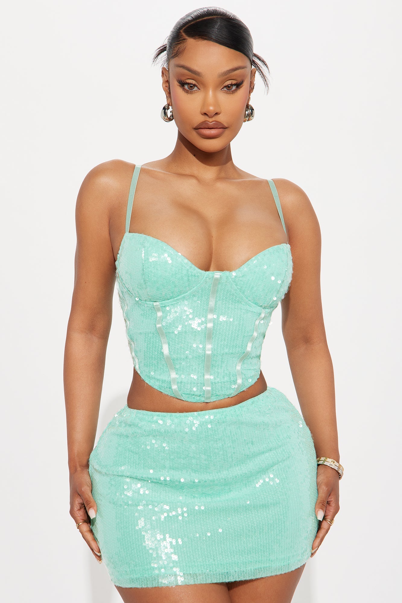 Crystal Bay Sequin Corset Mini Skirt Set - Aqua