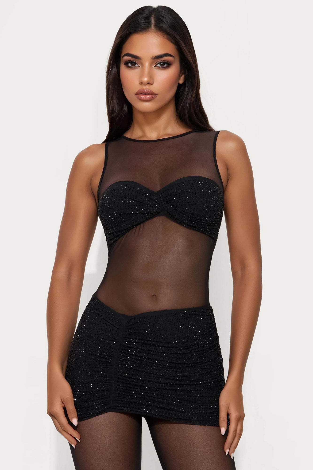 Diamond Diva Embellished Mesh Jumpsuit - Black